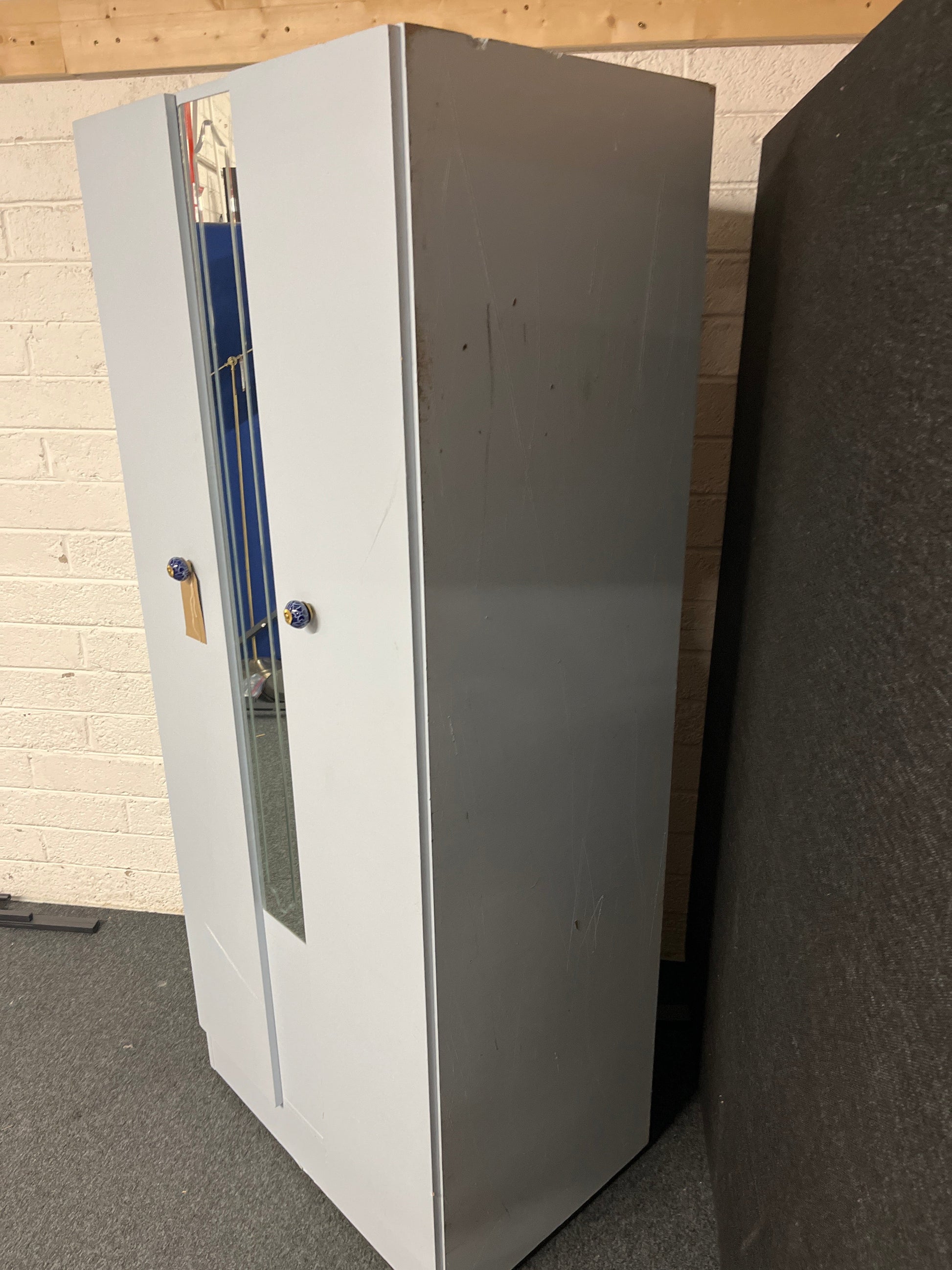 Tall 2 door, central mirror pale blue laminate wardrobe (H 182 x W 77 x 54 cm) 1225