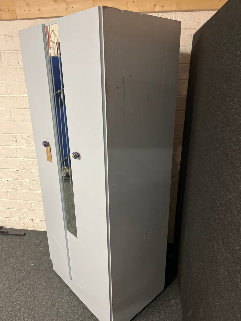 Tall 2 door, central mirror pale blue laminate wardrobe (H 182 x W 77 x 54 cm) 1225