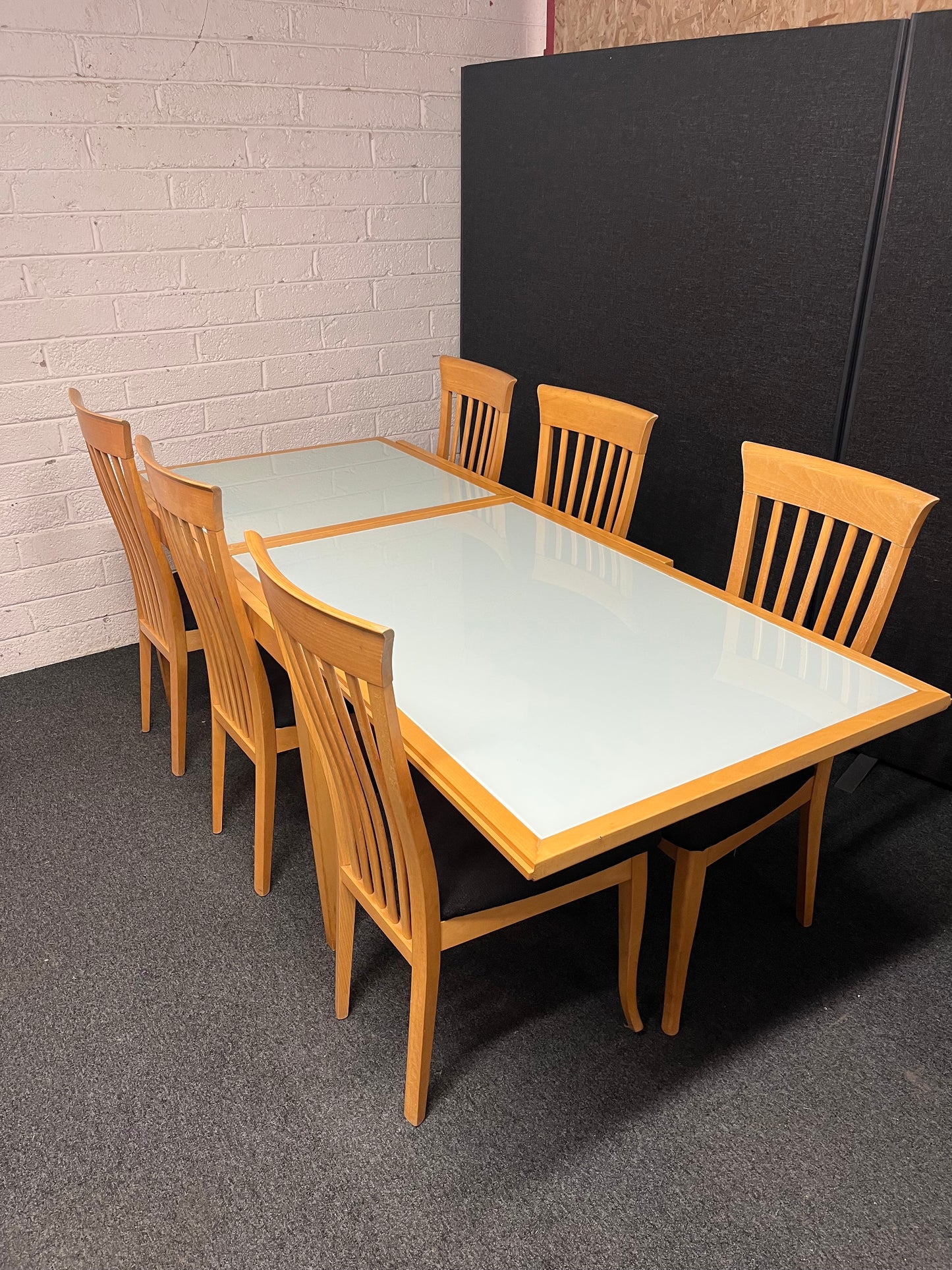 Solid beech and frosted glass extendable dining table with 6 no. matching beech chairs with black seat fabric (L 210 - 130 x W 70) 2225