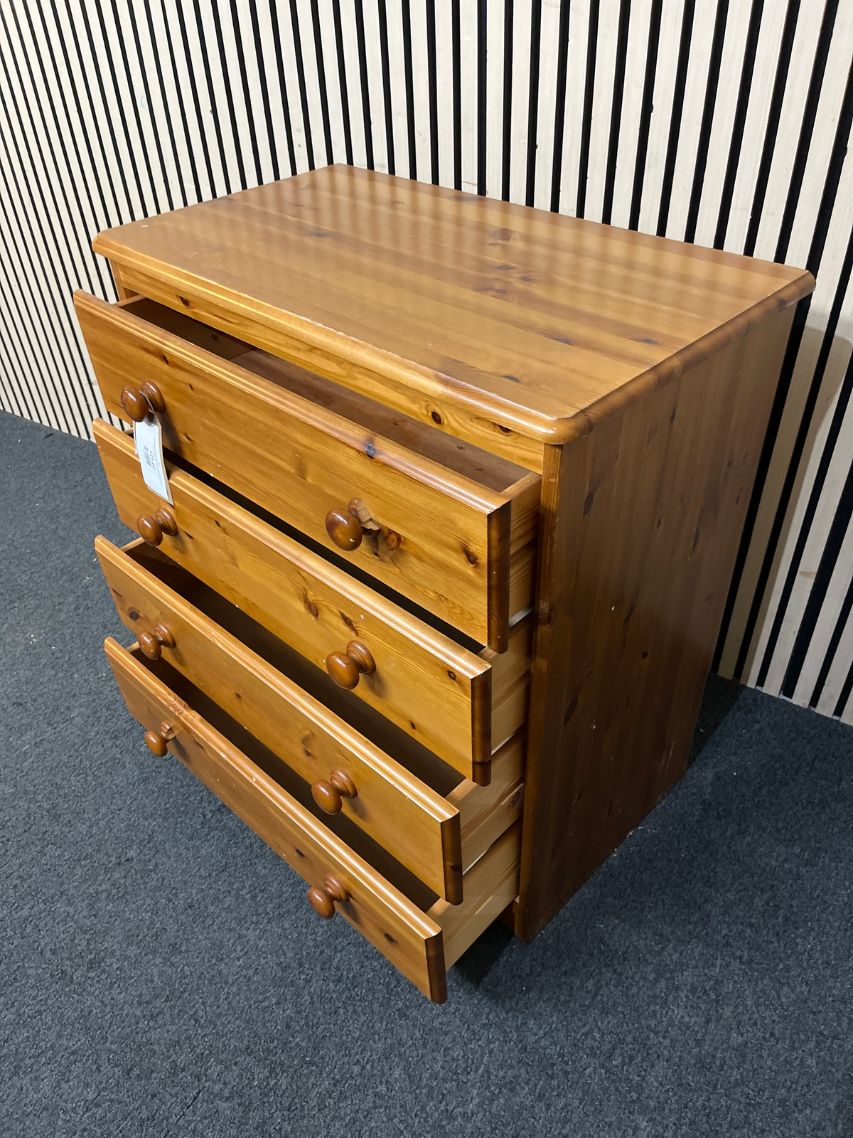 Solid pine chest with three drawers and round wooden knobs. (H 82 x W 75 x D 42 cm)  44279