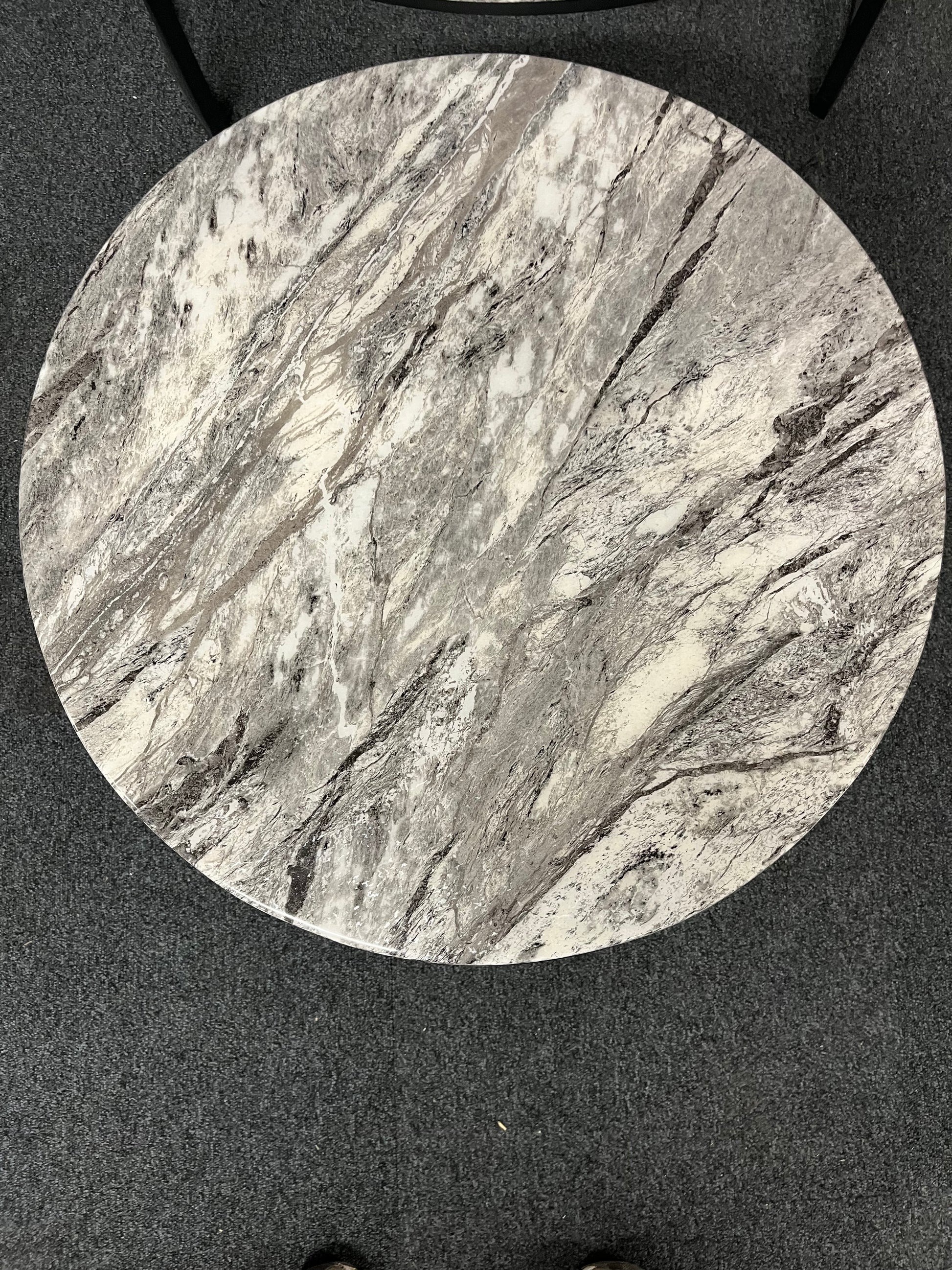 Grey granite circular top, black metal frame nest of 2 coffee tables (800W & 600W 430H) 3225