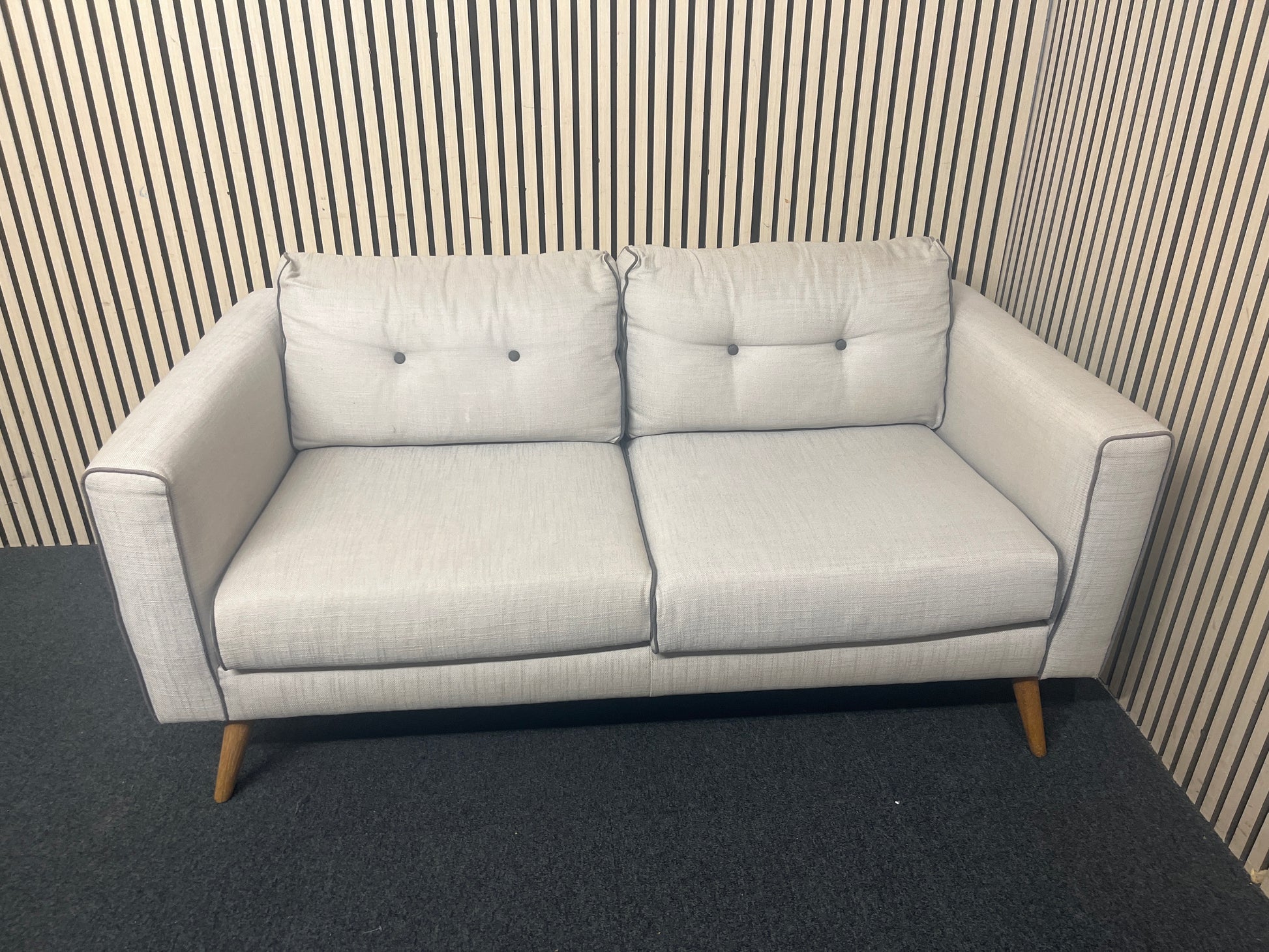 2 seater beige fabric sofa with button details, solid wood frame 44014