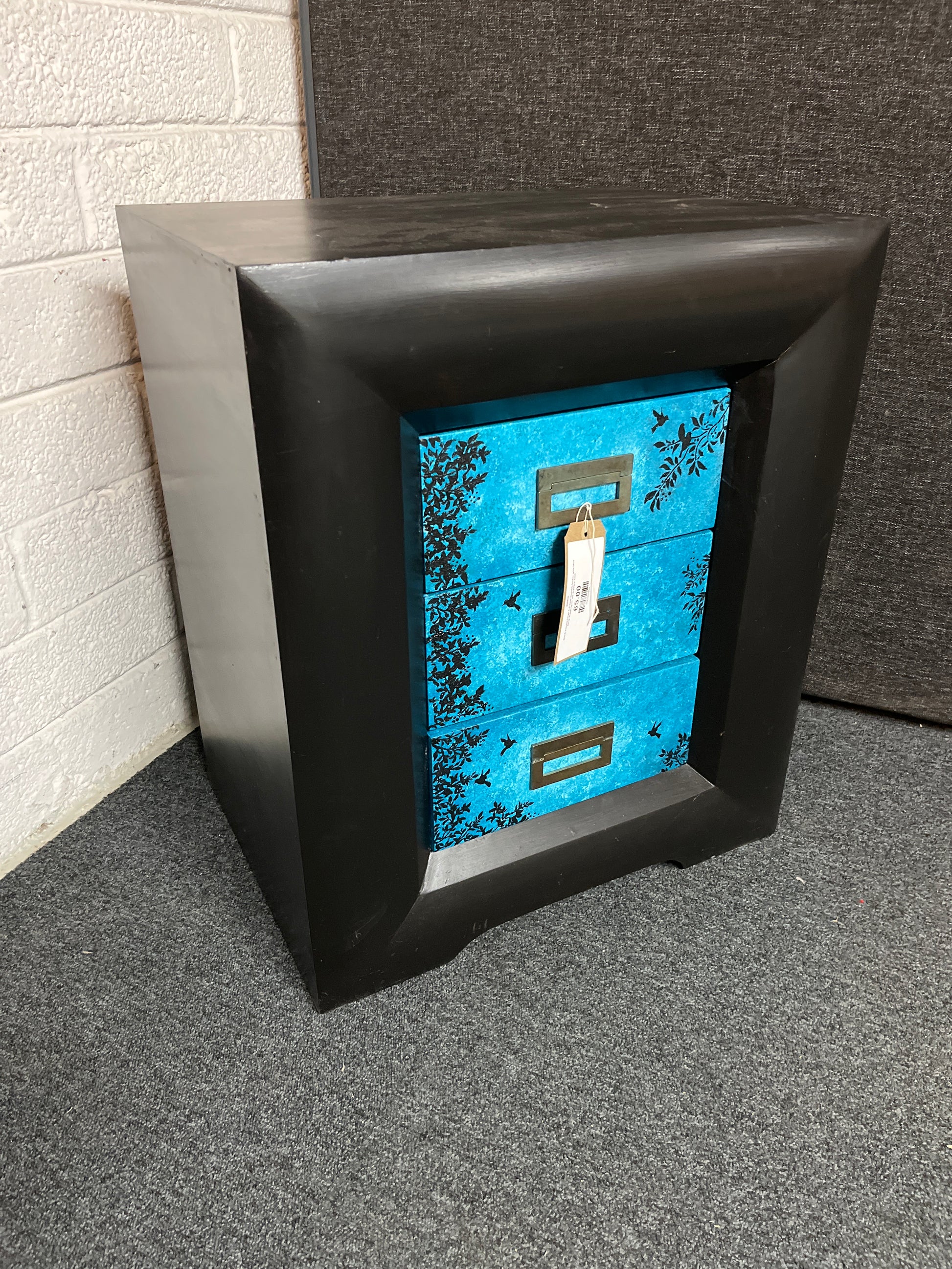 Black painted large 3 drawer bedside locker with blue floral detailing on the drawers 3225