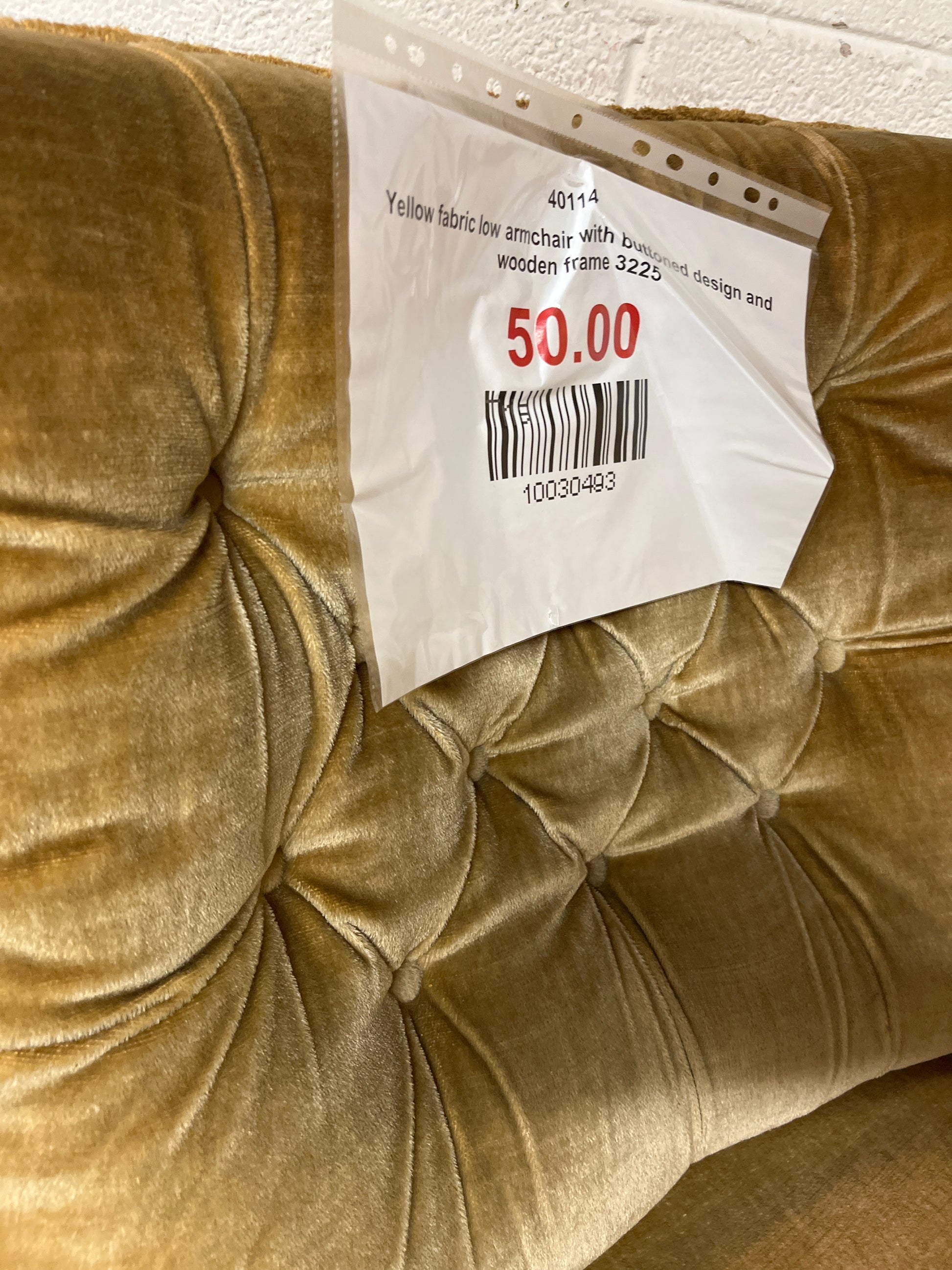 Yellow fabric low armchair with buttoned design and wooden frame 3225