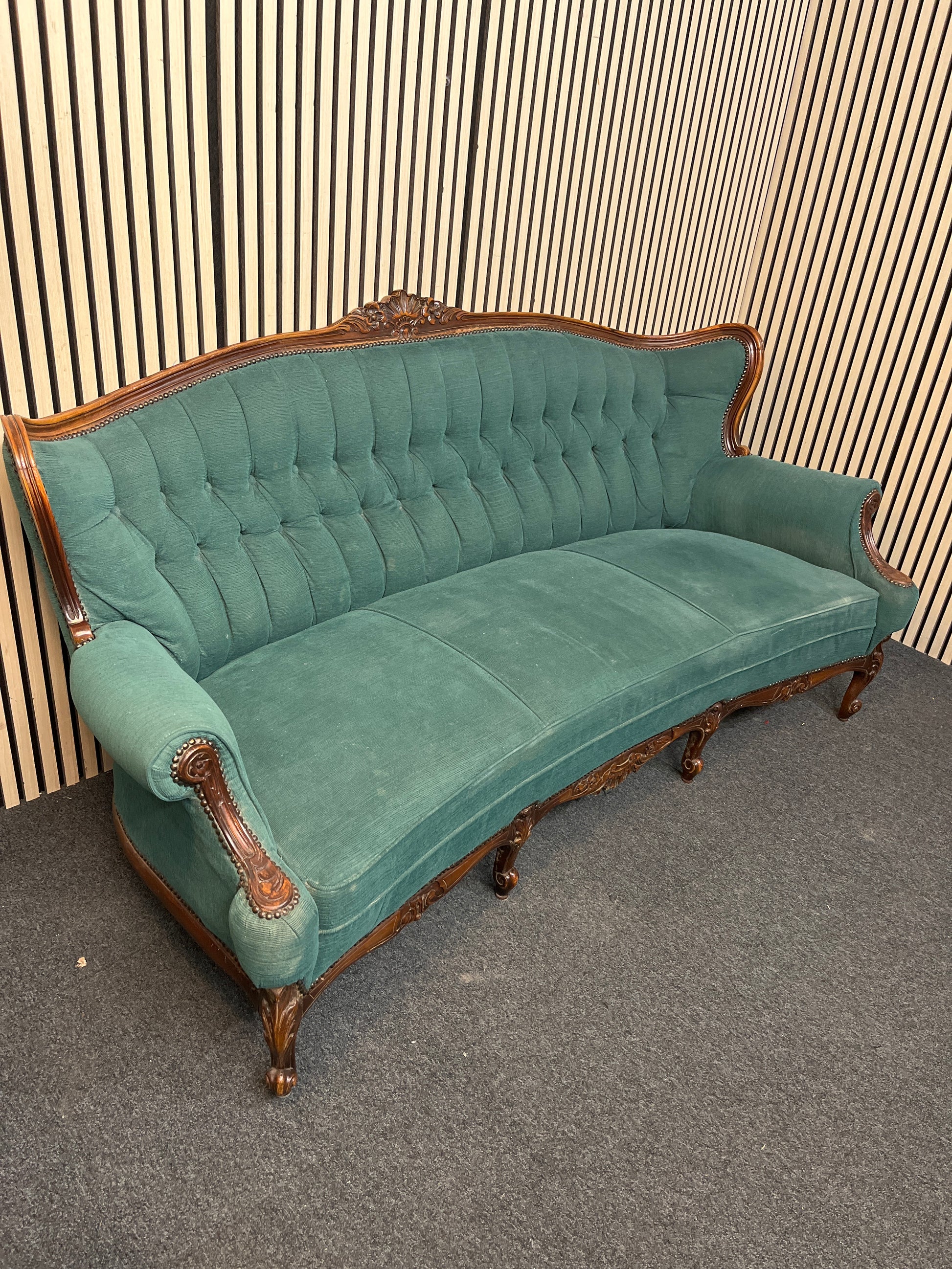 3+1+1 ornate mahogany framed wing back suite in dark green button back fabric E425 3126