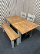 Extending dining table with oak top and grey painted legs (L 140 - 180 x W 90 cm) with 2 no. dining chairs and matching bench seat  44806
