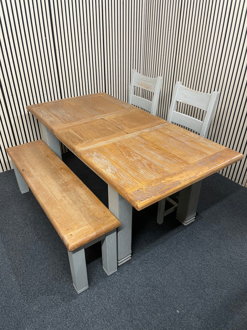 Extending dining table with oak top and grey painted legs (L 140 - 180 x W 90 cm) with 2 no. dining chairs and matching bench seat  44806