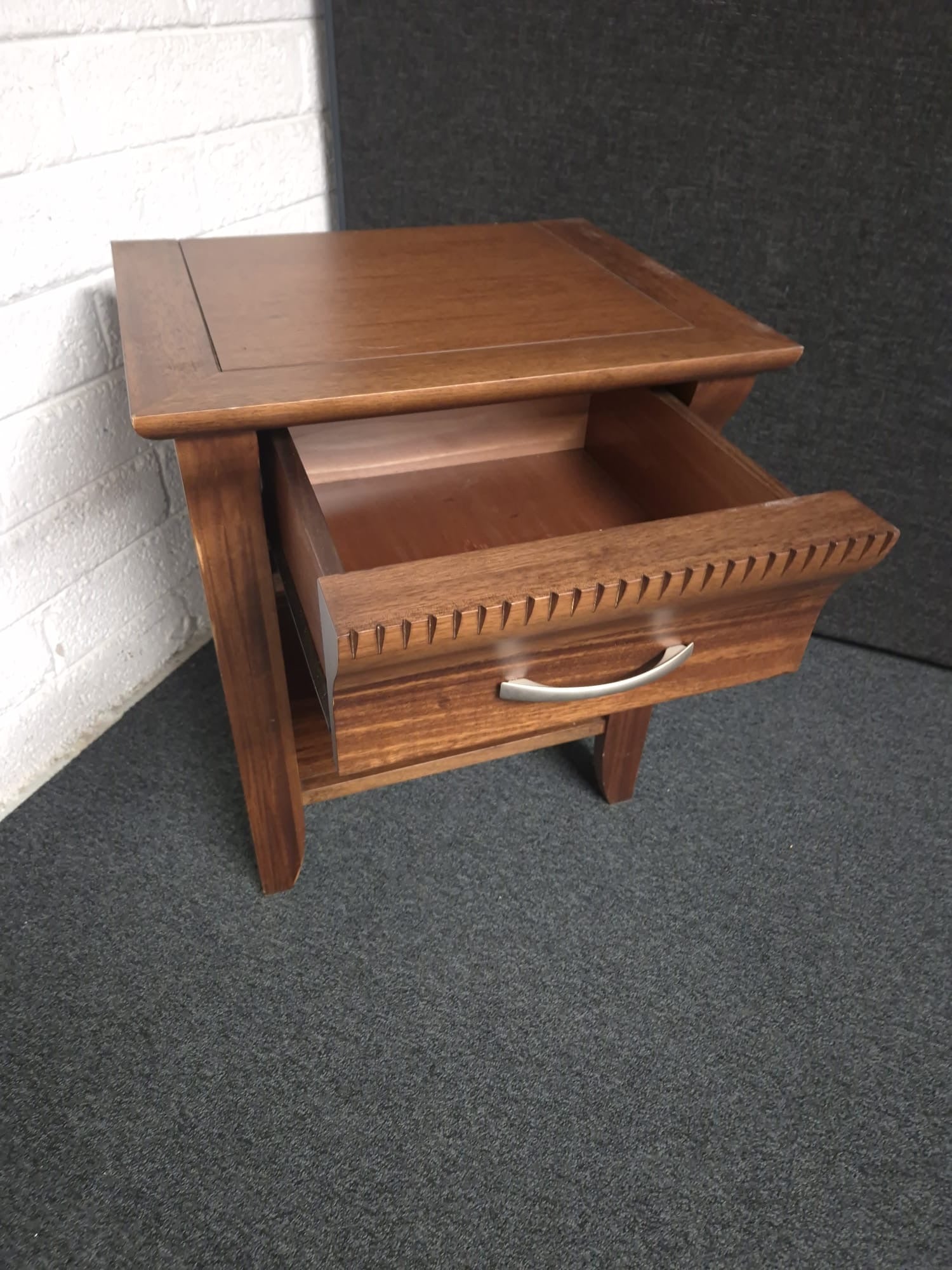Solid dark wood stained 1 drawer 1 shelf bedside locker 1225