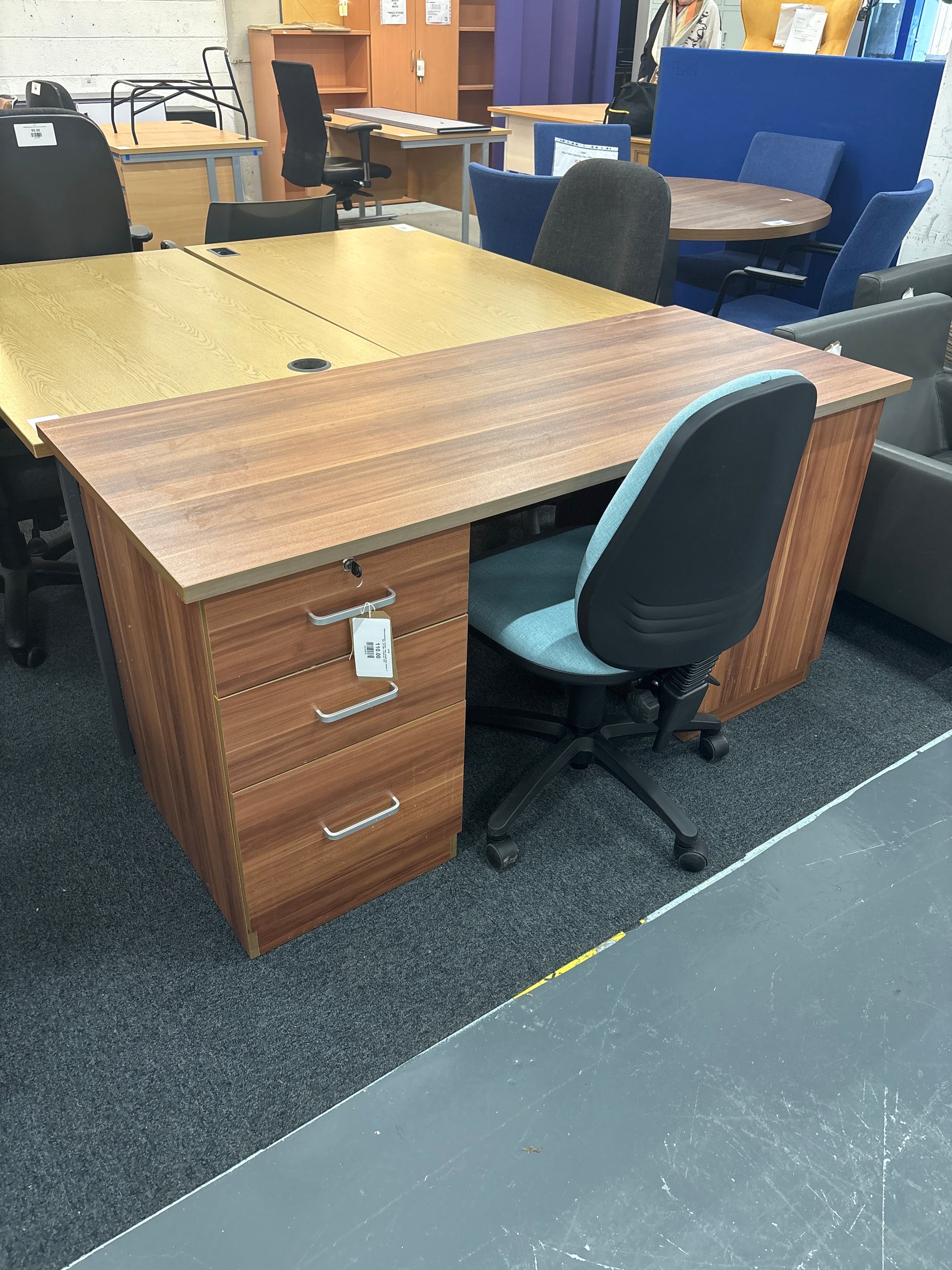 Walnut laminate 3 drawer 1 door straight desk, dresser  H 650 x W 1500 x D 650 mm  3125