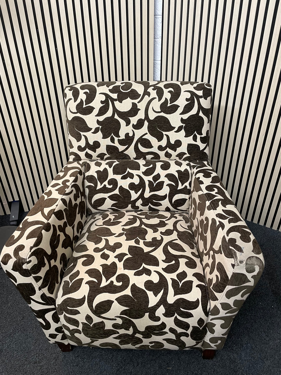 2 seater brown and cream floral fabric sofa (Width 160 cm) with matching armchair and ottomons  4225