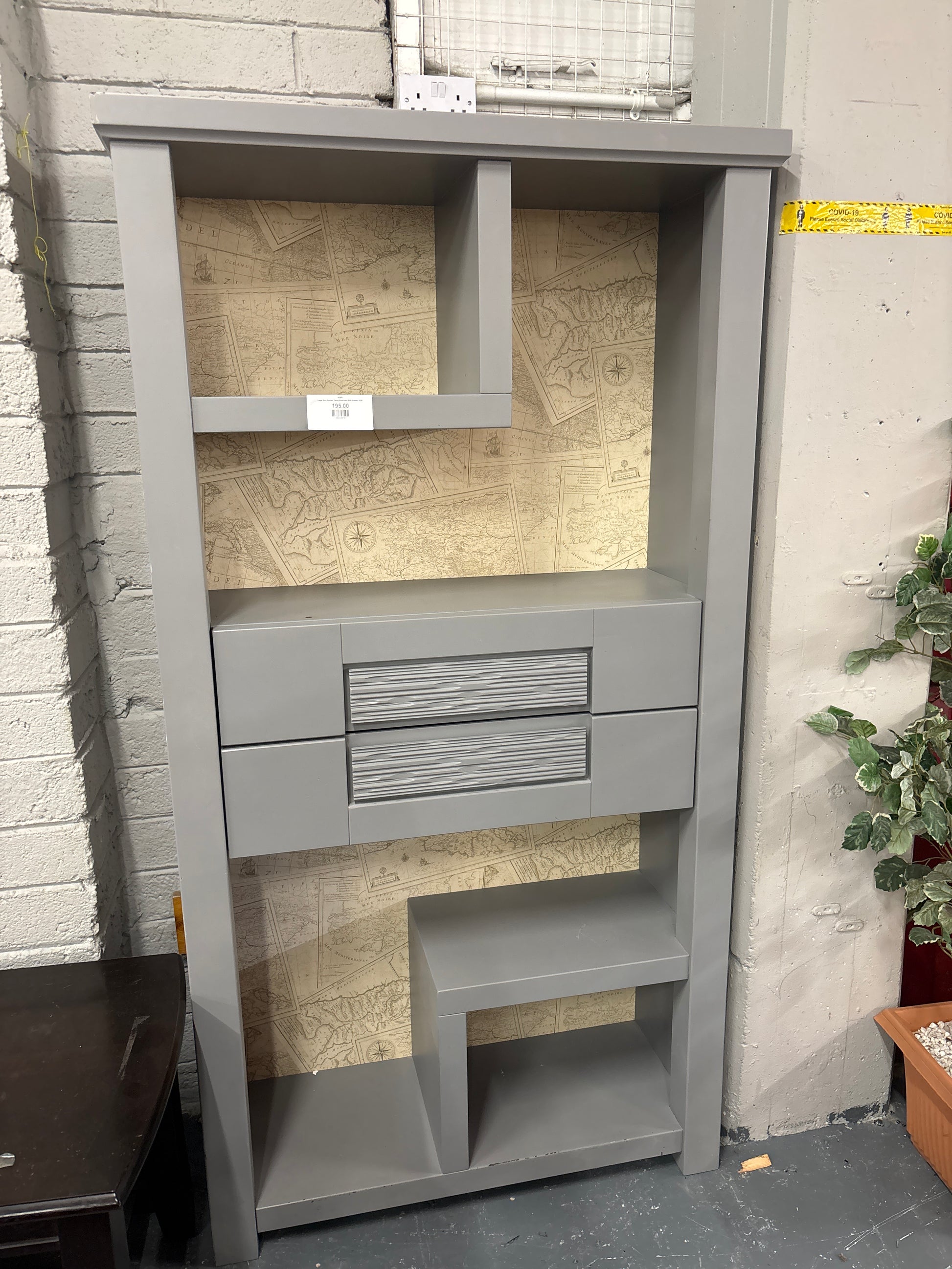 Large Grey Painted Tiered Bookcase With Drawers 3126