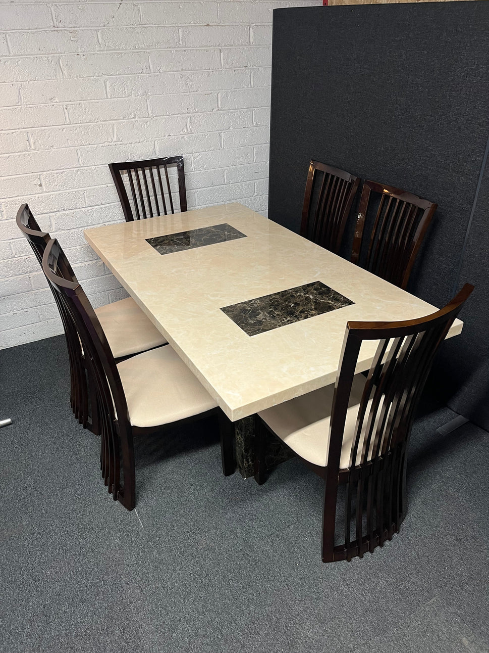 Marble effect large rectangular table (L 180 x W 100 cm) with 6 dark wood stained kitchen chairs with fabric seat 3225