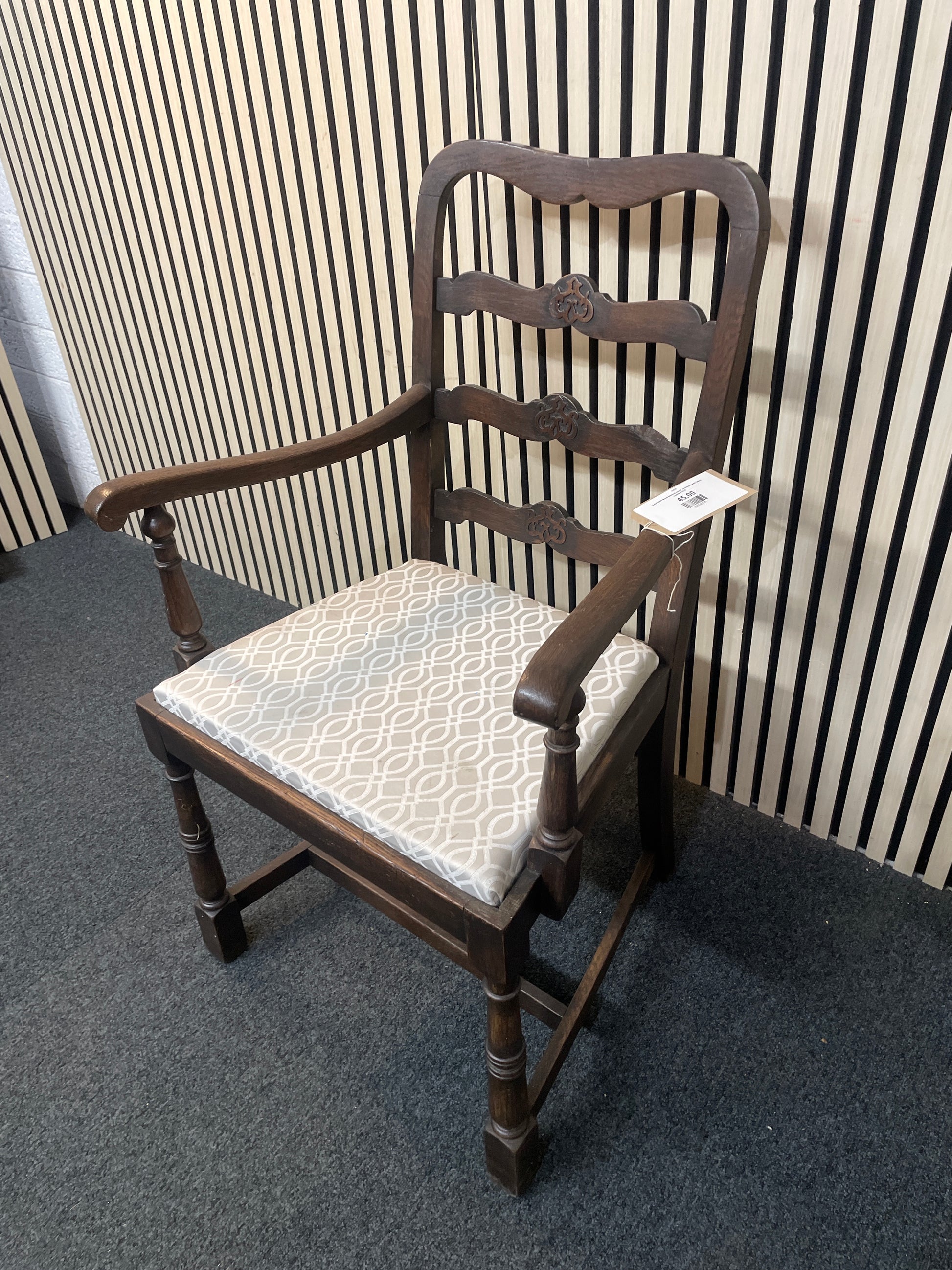 Solid dark wood-stained carver armchairs with fabric cushion 2425