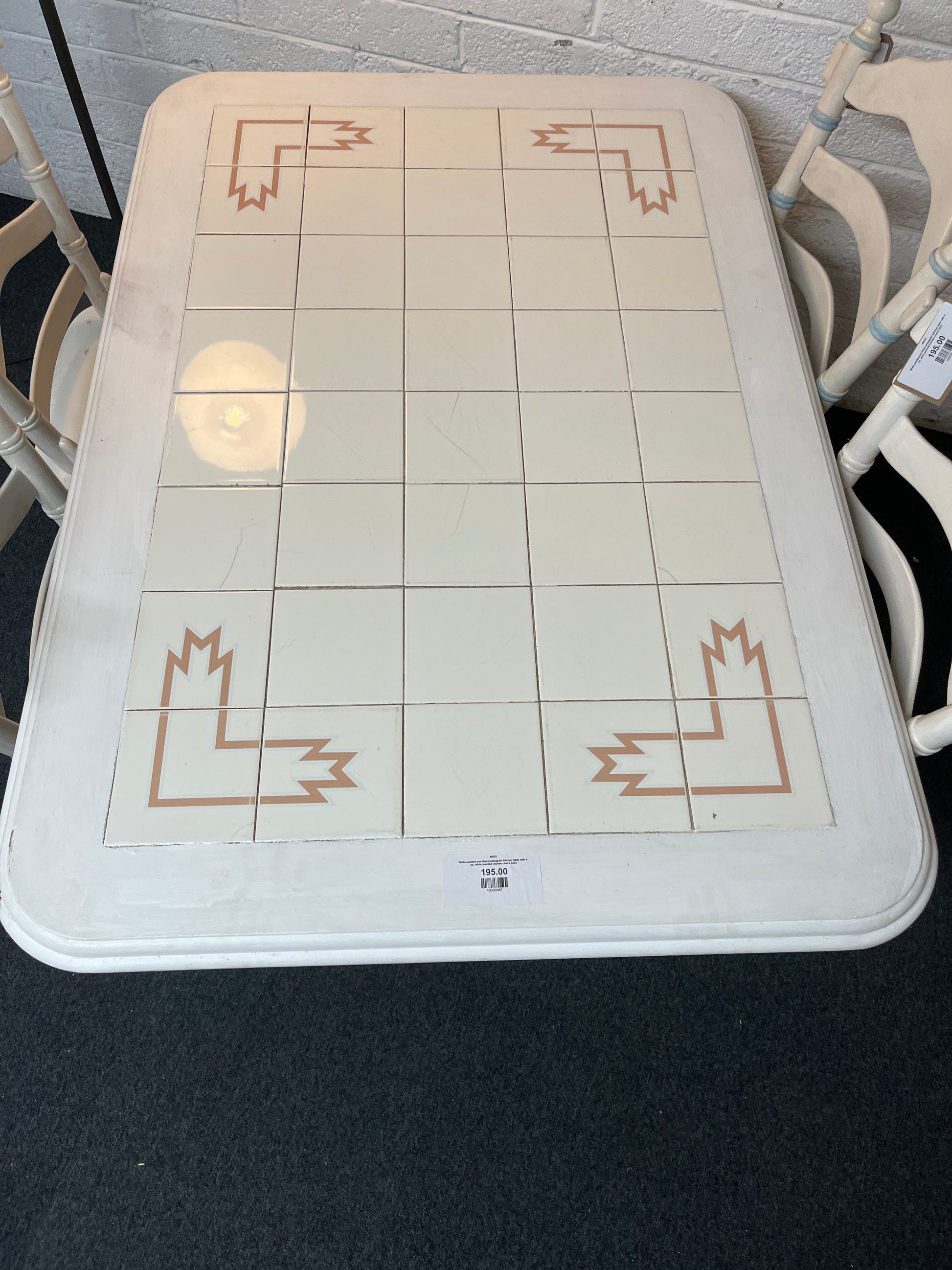 White painted and tiled rectangular kitchen table with 4 no. white painted kitchen chairs 3225