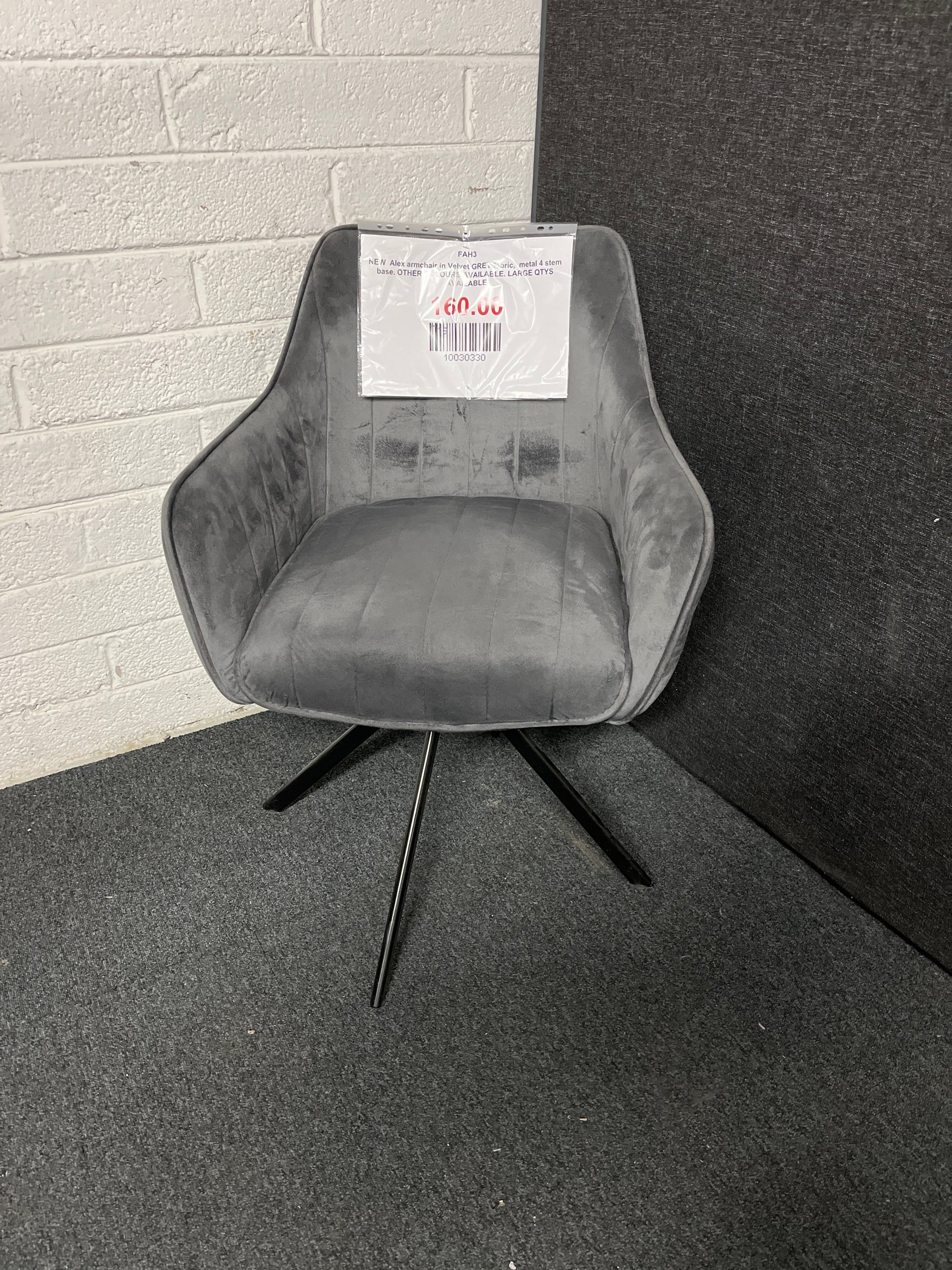 NEW  Alex armchair in Velvet GREY fabric,  metal 4 stem base. OTHER COLOURS AVAILABLE. LARGE QTYS AVAILABLE