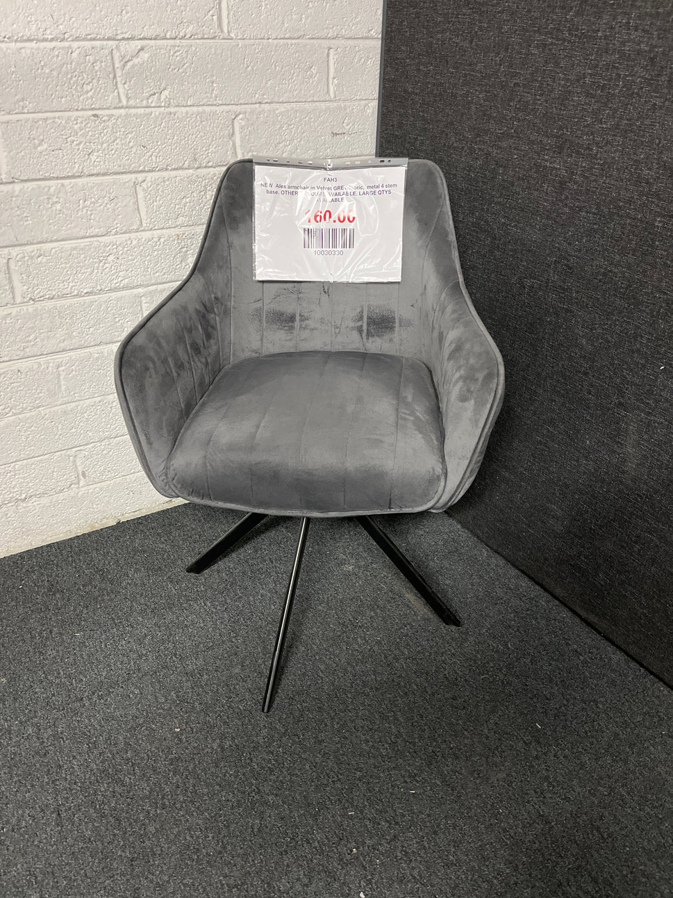 NEW  Alex armchair in Velvet GREY fabric,  metal 4 stem base. OTHER COLOURS AVAILABLE. LARGE QTYS AVAILABLE