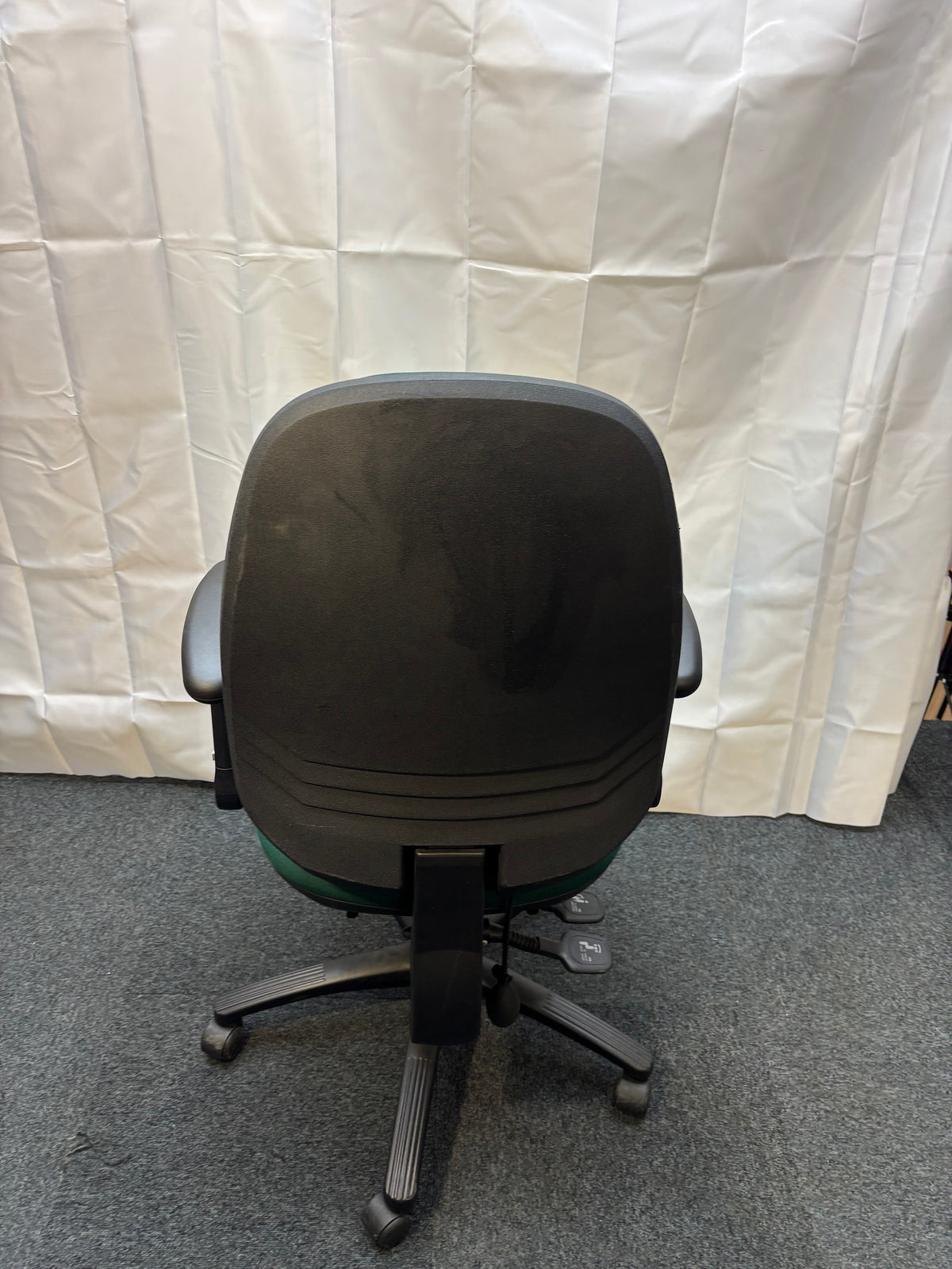 High back multifunction swivel chair, 3 lever mechanism, adjustable arms, pump up lumbar support, in forrest green fabric   J3926