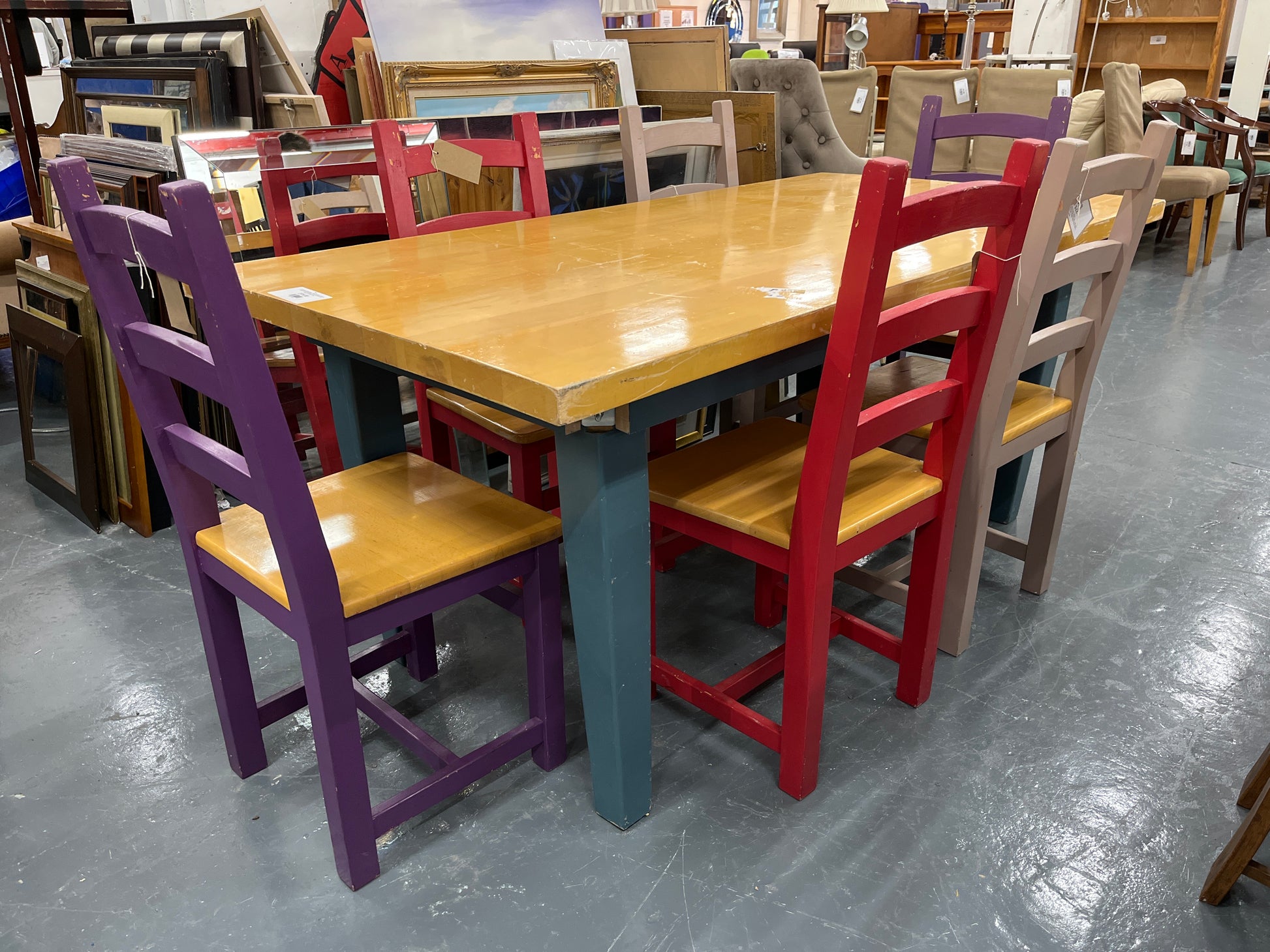 Large beech dining table (L 1830 x W 930 mm)  with blue legs with 6 solid wood dining chairs in various colours (brown, red, purple) 1225