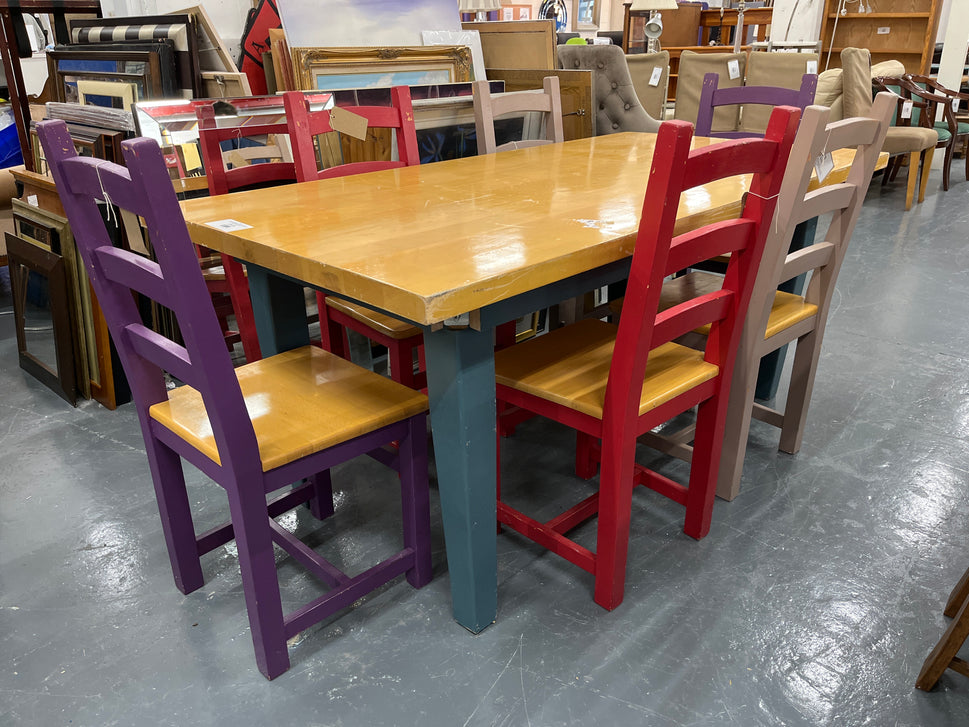 Large beech dining table (L 1830 x W 930 mm)  with blue legs with 6 solid wood dining chairs in various colours (brown, red, purple) 1225