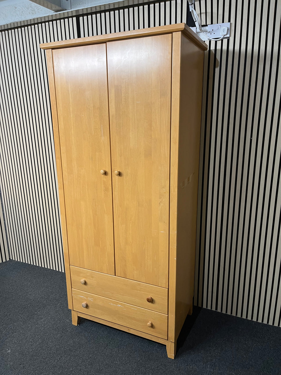 Tall beech two door wardrobe with two base drawers (H 208 x W 88 x D 58 cm) 1425