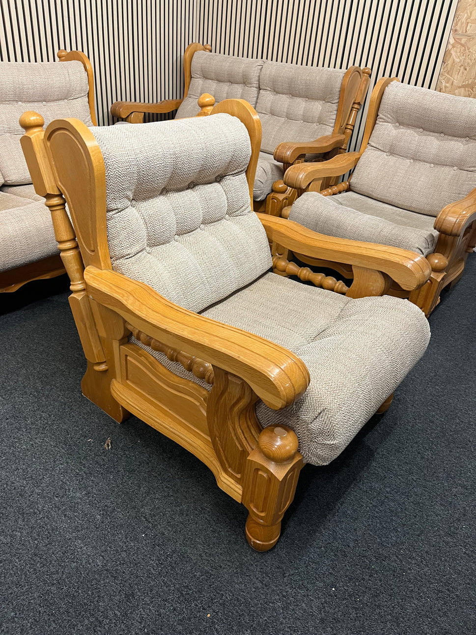 Solid Dutch Oak 2+2+1+1 sofa suite with light brown fabric cushions (imported from South Africa)