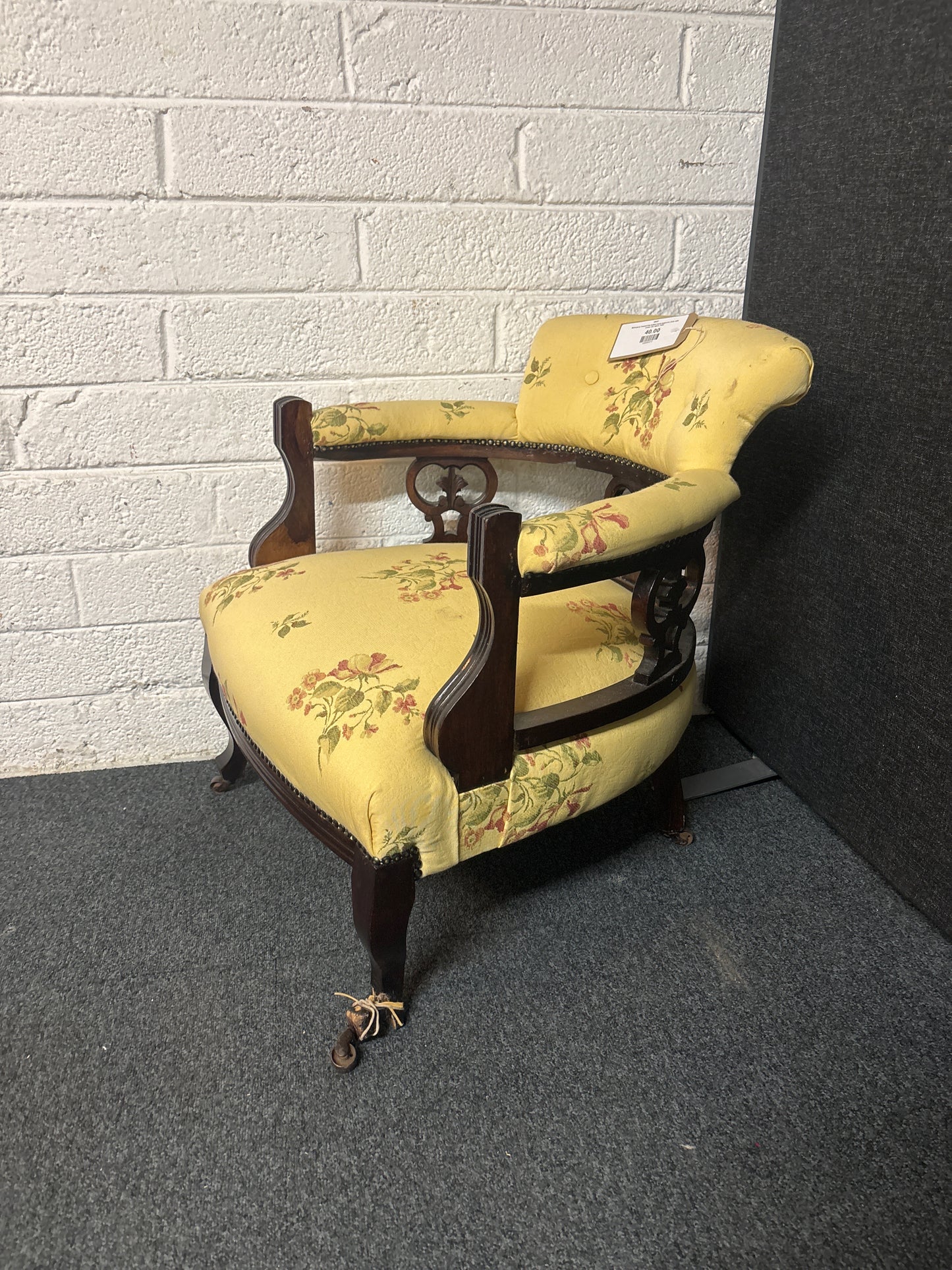 Mahogany framed low button back bedroom chair with cream mix fabric 3225