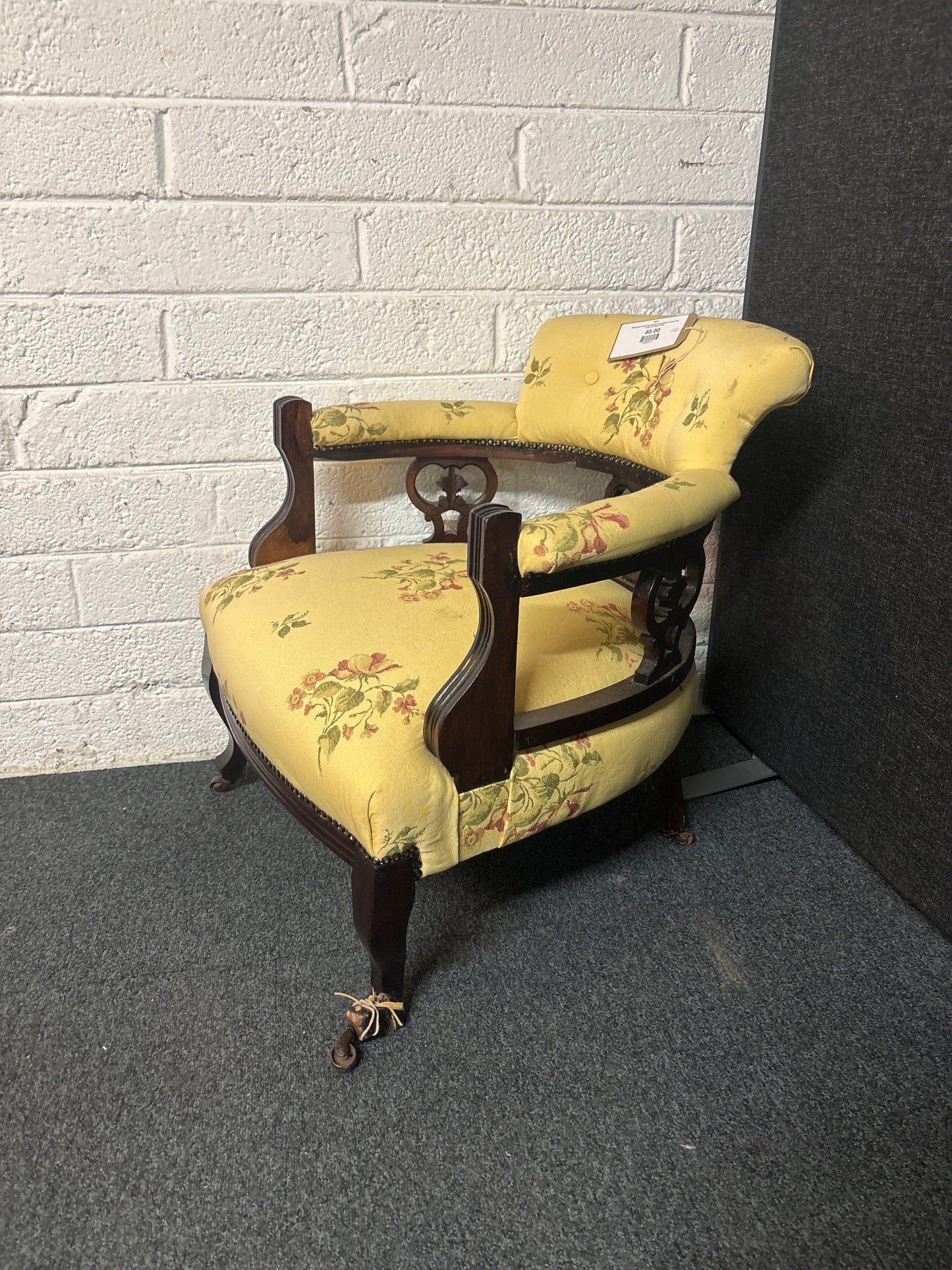 Mahogany framed low button back bedroom chair with cream mix fabric 3225