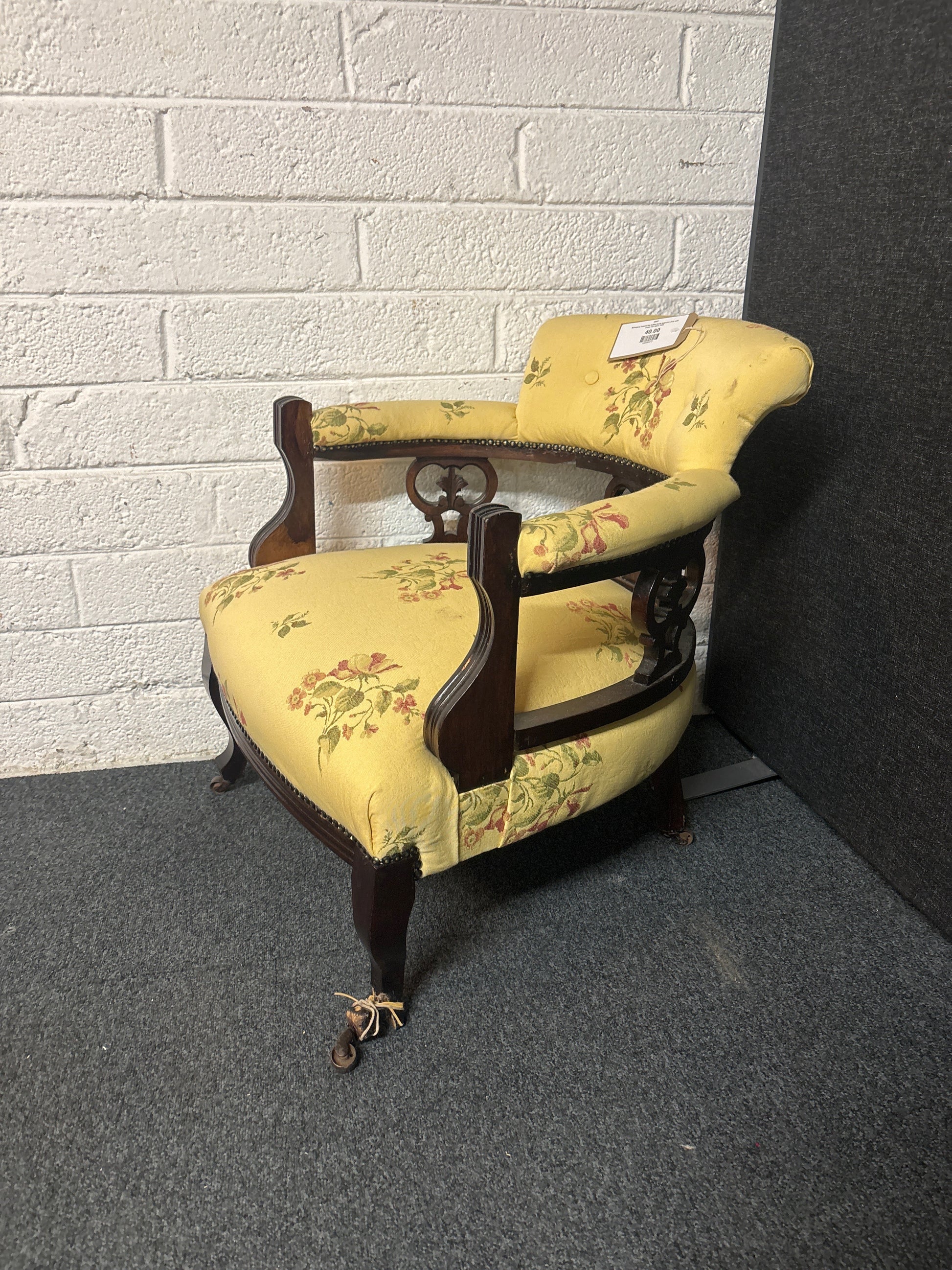 Mahogany framed low button back bedroom chair with cream mix fabric 3225