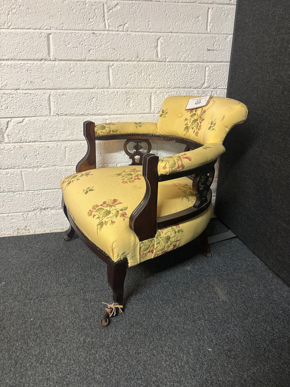 Mahogany framed low button back bedroom chair with cream mix fabric 3225