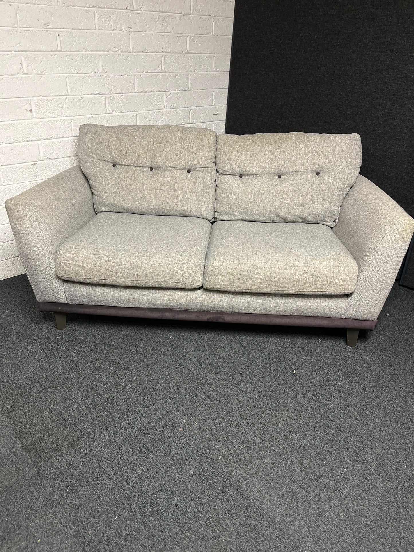 Oatmeal fabric and violet 2 seater sofa with matching cushions 1225