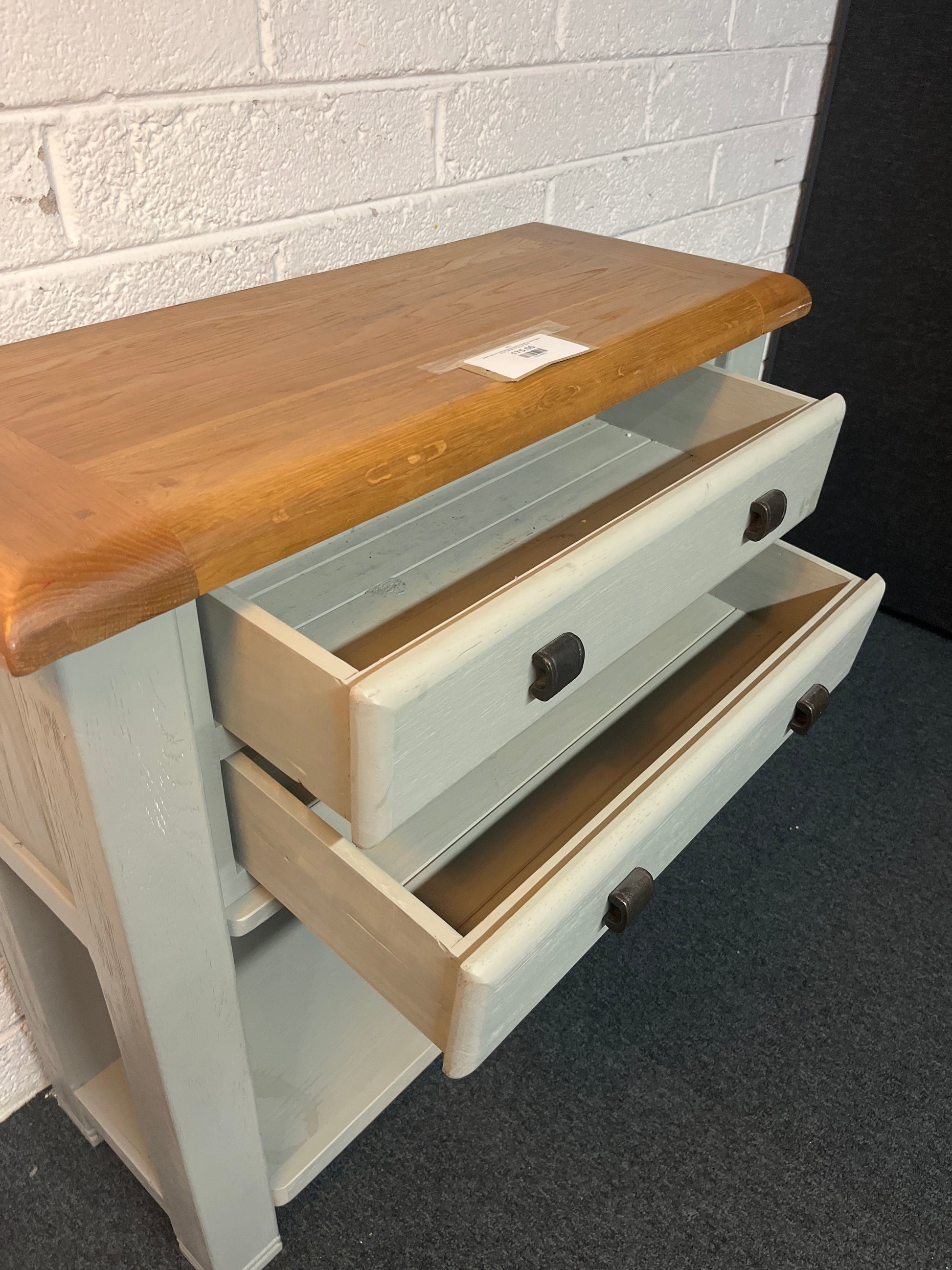 Solid oak top, grey painted frame 2 drawer console table (H 93 x W 90 x D 36 cm) 2225