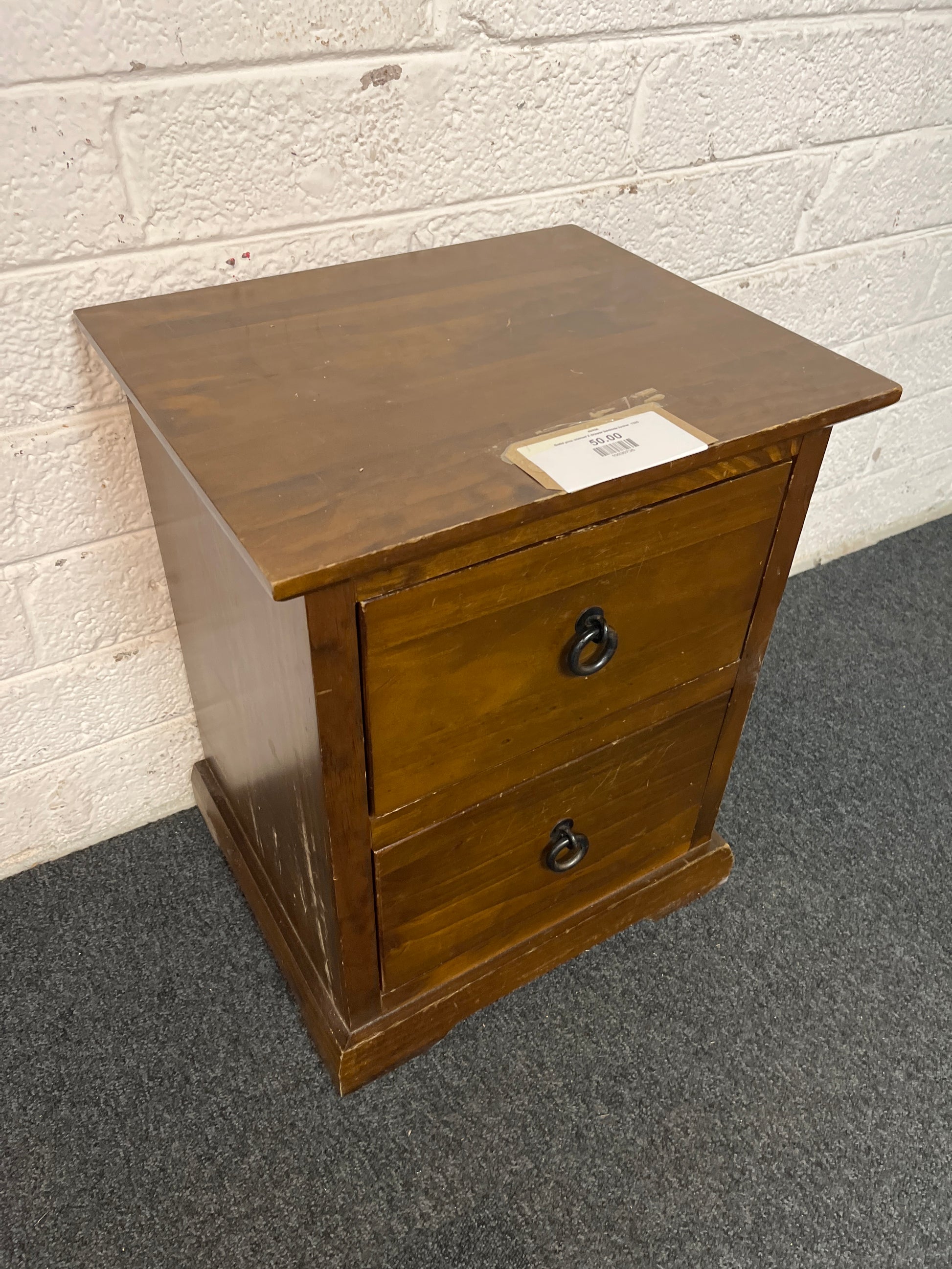 Solid pine stained 2 drawer bedside locker  1325