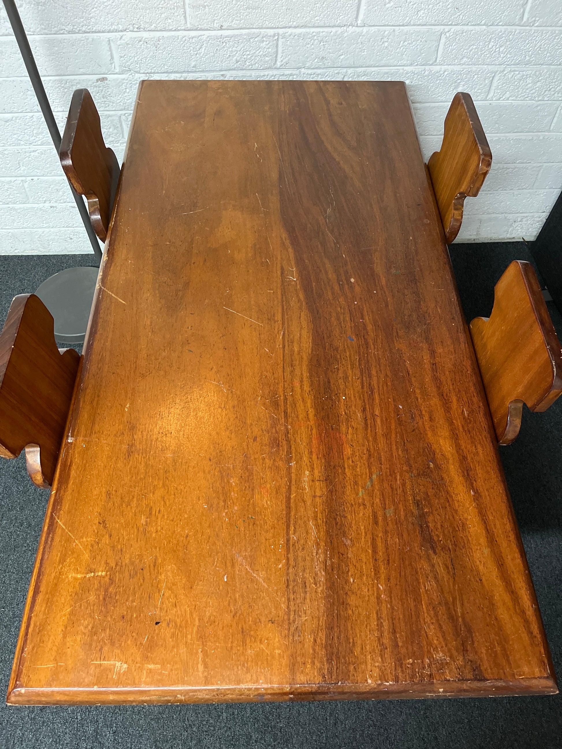 Solid teak rectangular kitchen table (L 150 x W 75 cm)with 4 no. ornate matching chairs 2225