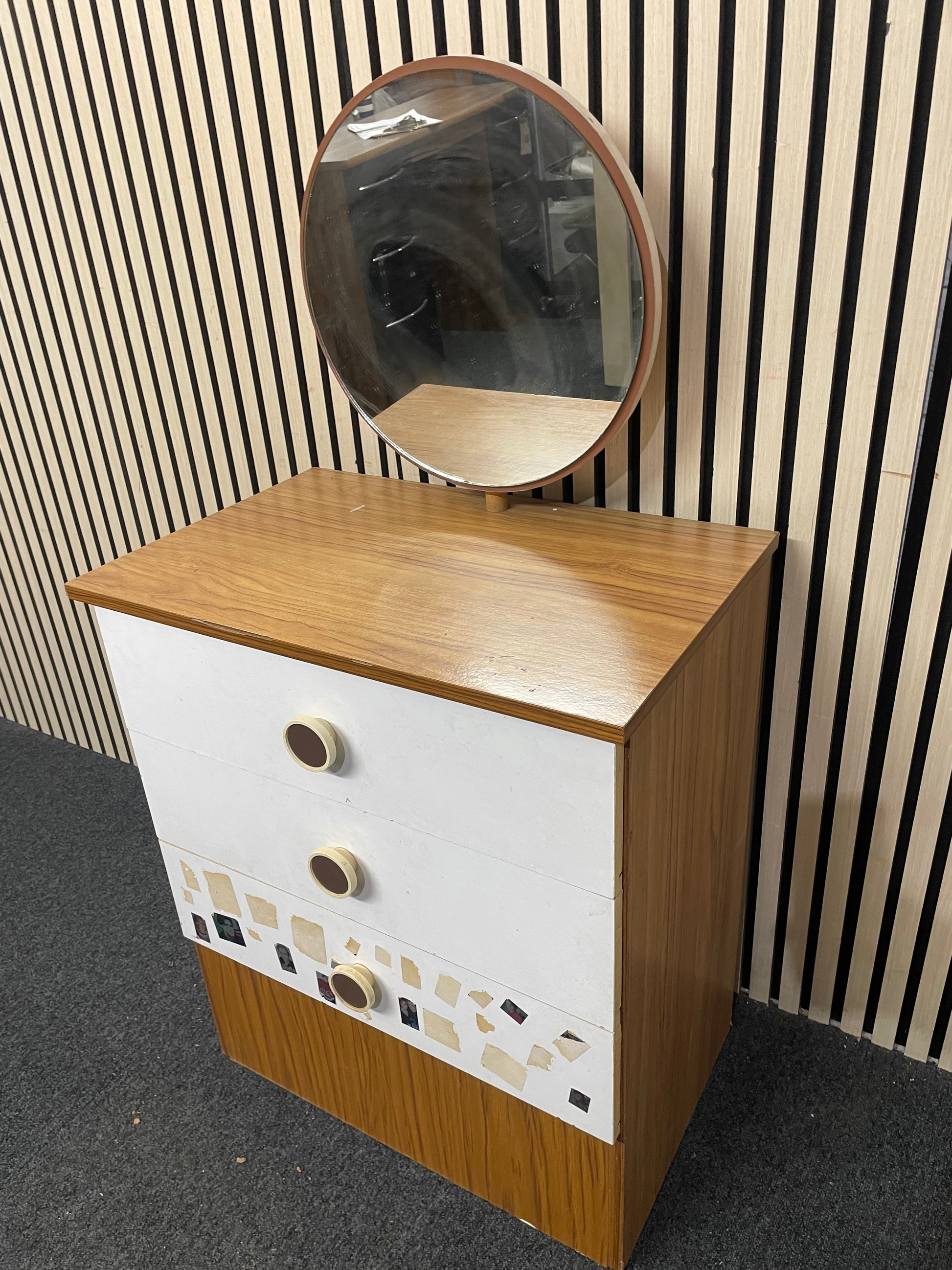 Teak and white laminate small 3 drawer chest with mirror 2425