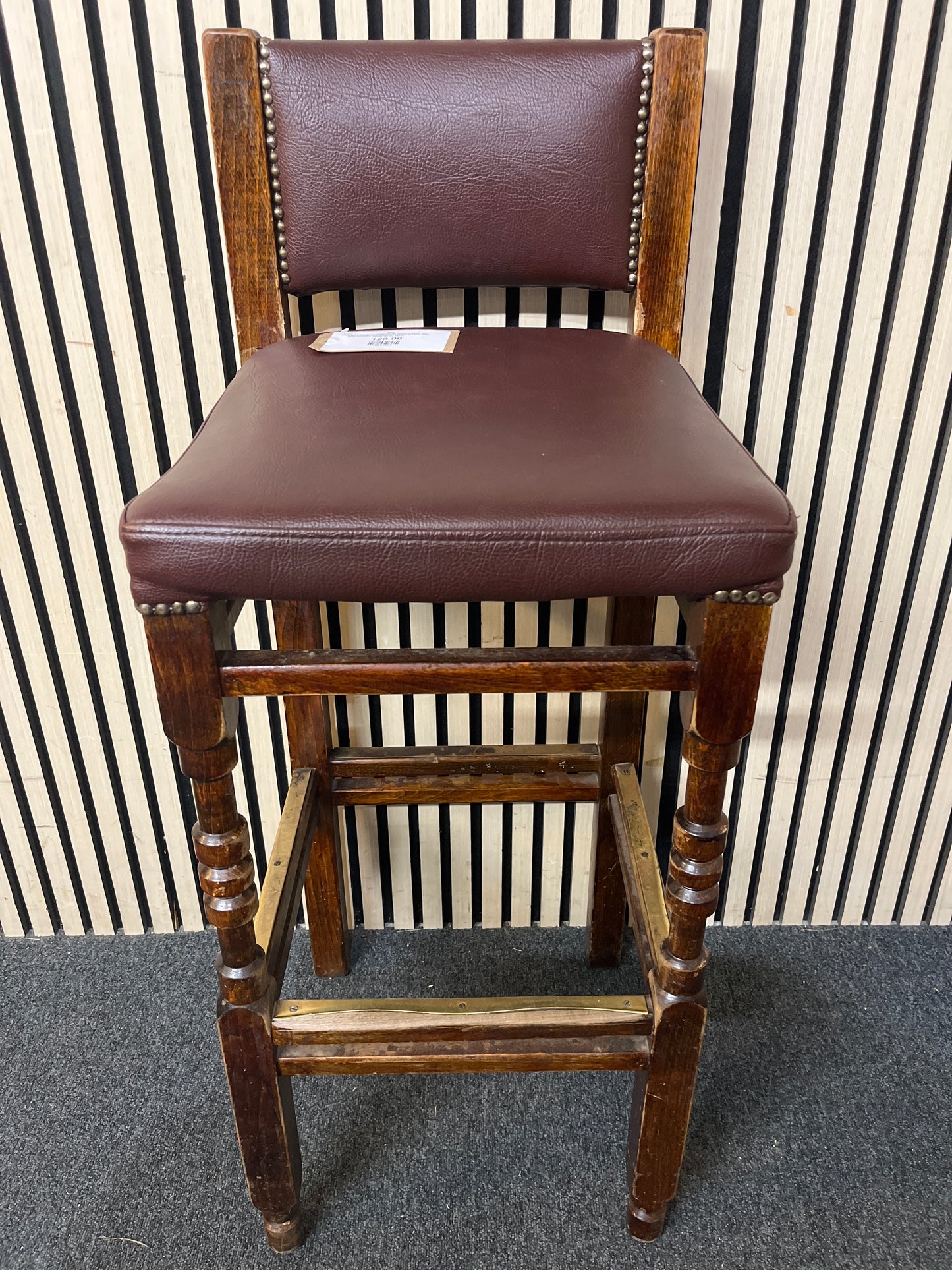 Solid dark wood stained tall bar stool with backs with brass footplates and dark wine vinyl seat and back (Seat Height 78 cm)  44238