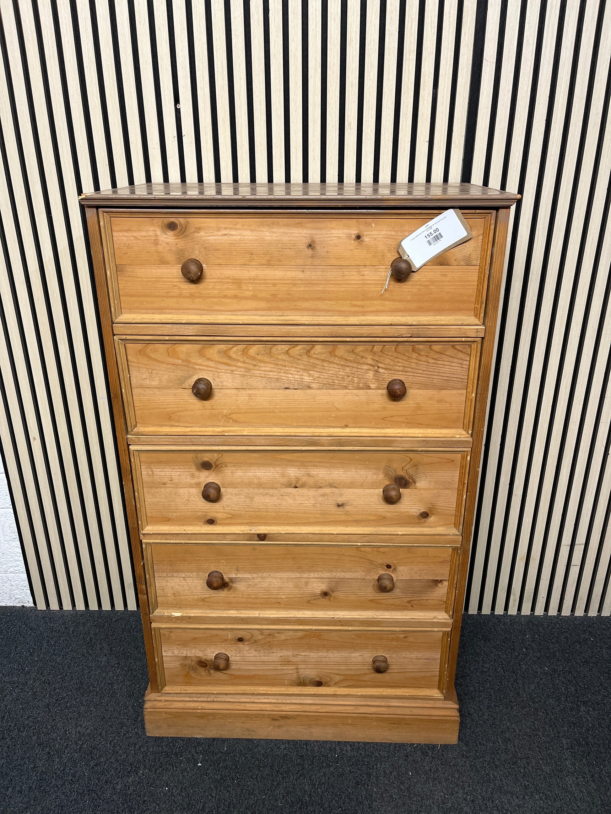 5 high solid pine chest of drawers (H 123 x W 73 x D 43 cm) 1226