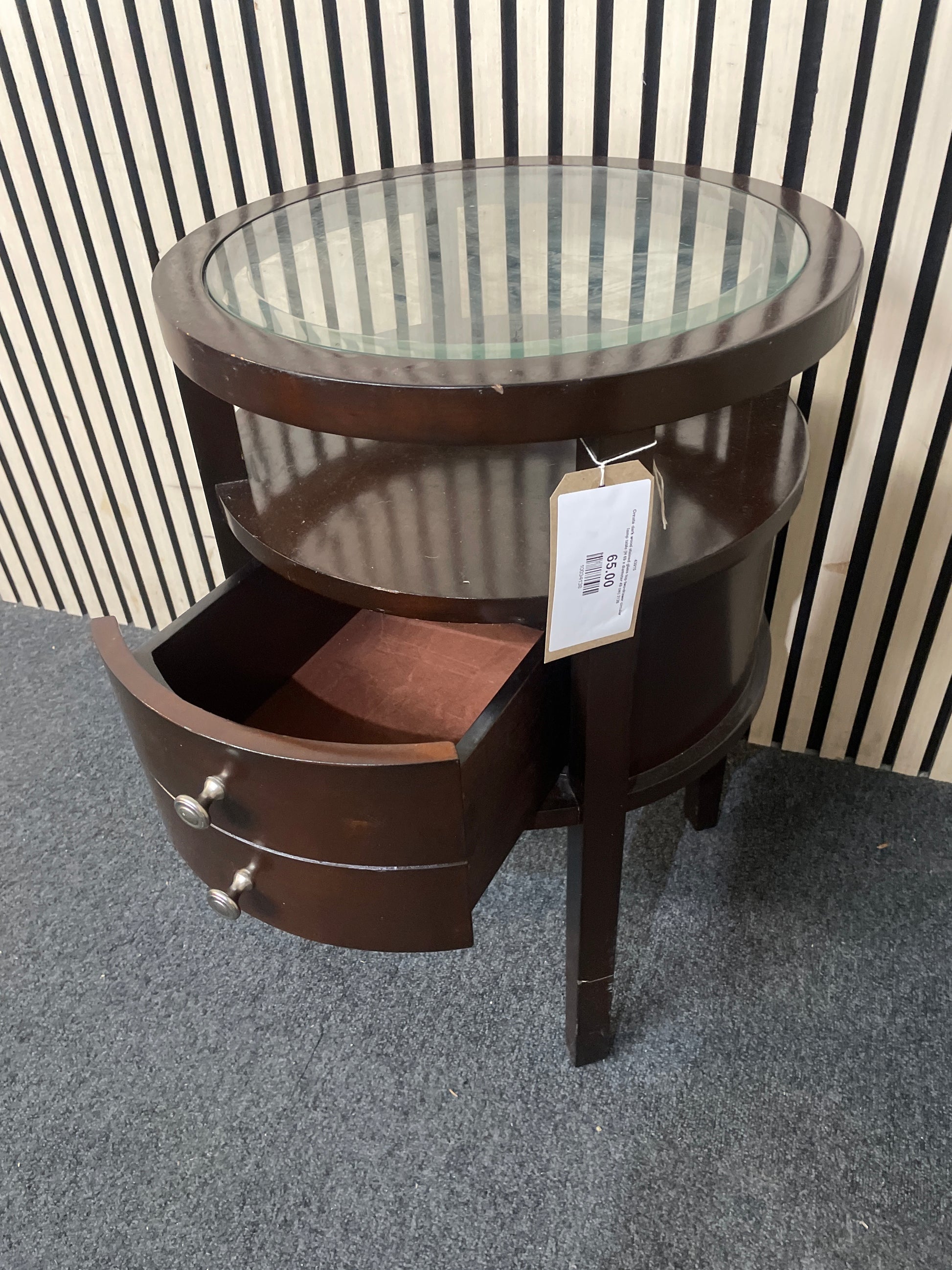 Ornate dark wood stained glass top two-drawer circular lamp table (H 69 x diameter 49 cm) 3126