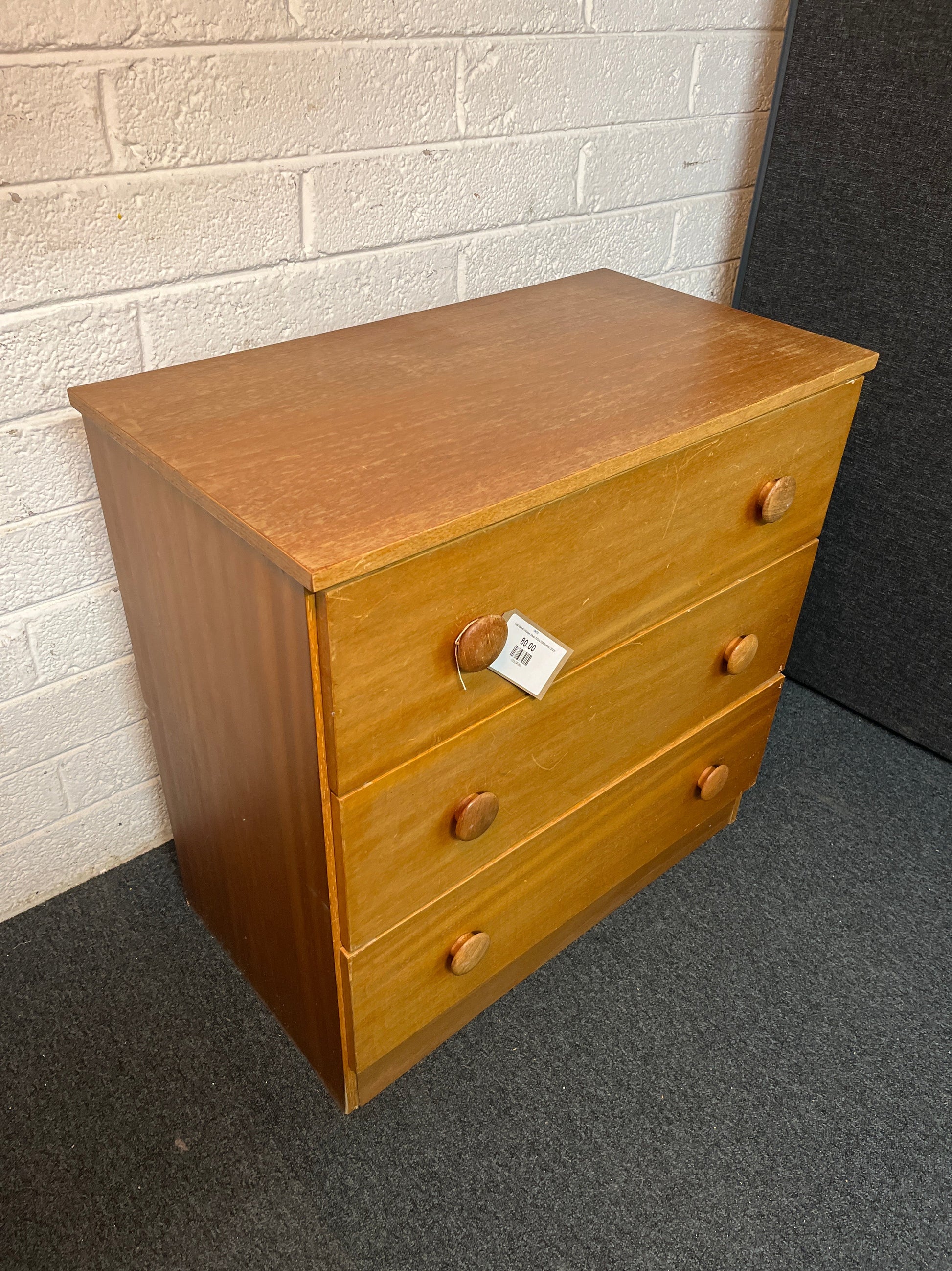 Teak stained 3 drawer chest 785Hx780Wx430D 2225