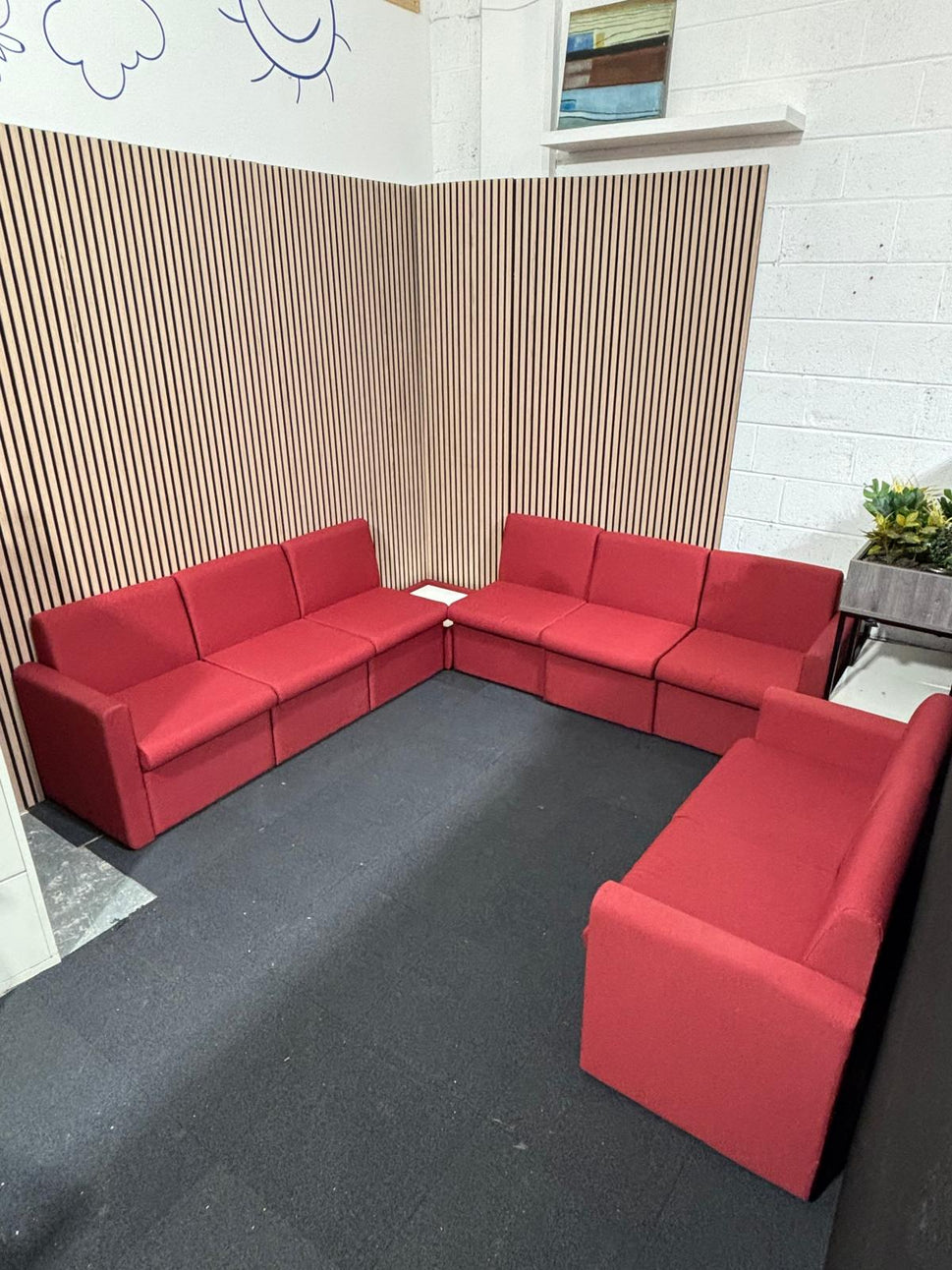 Una modular soft seating L shape sofa + 2 seater with matching coffee table in soft red fabric