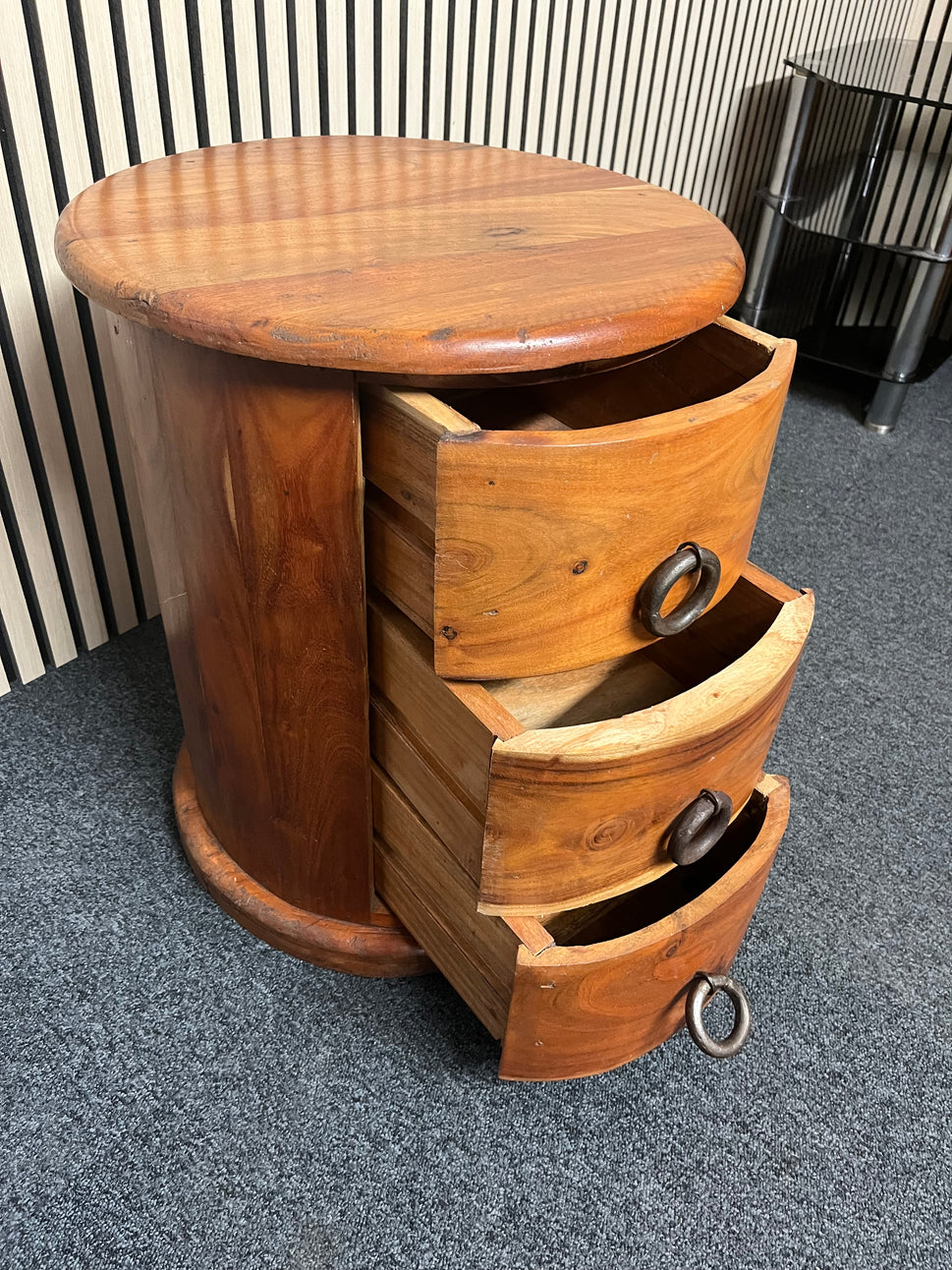 Solid teak 3 drawer oval top bedside locker 2325