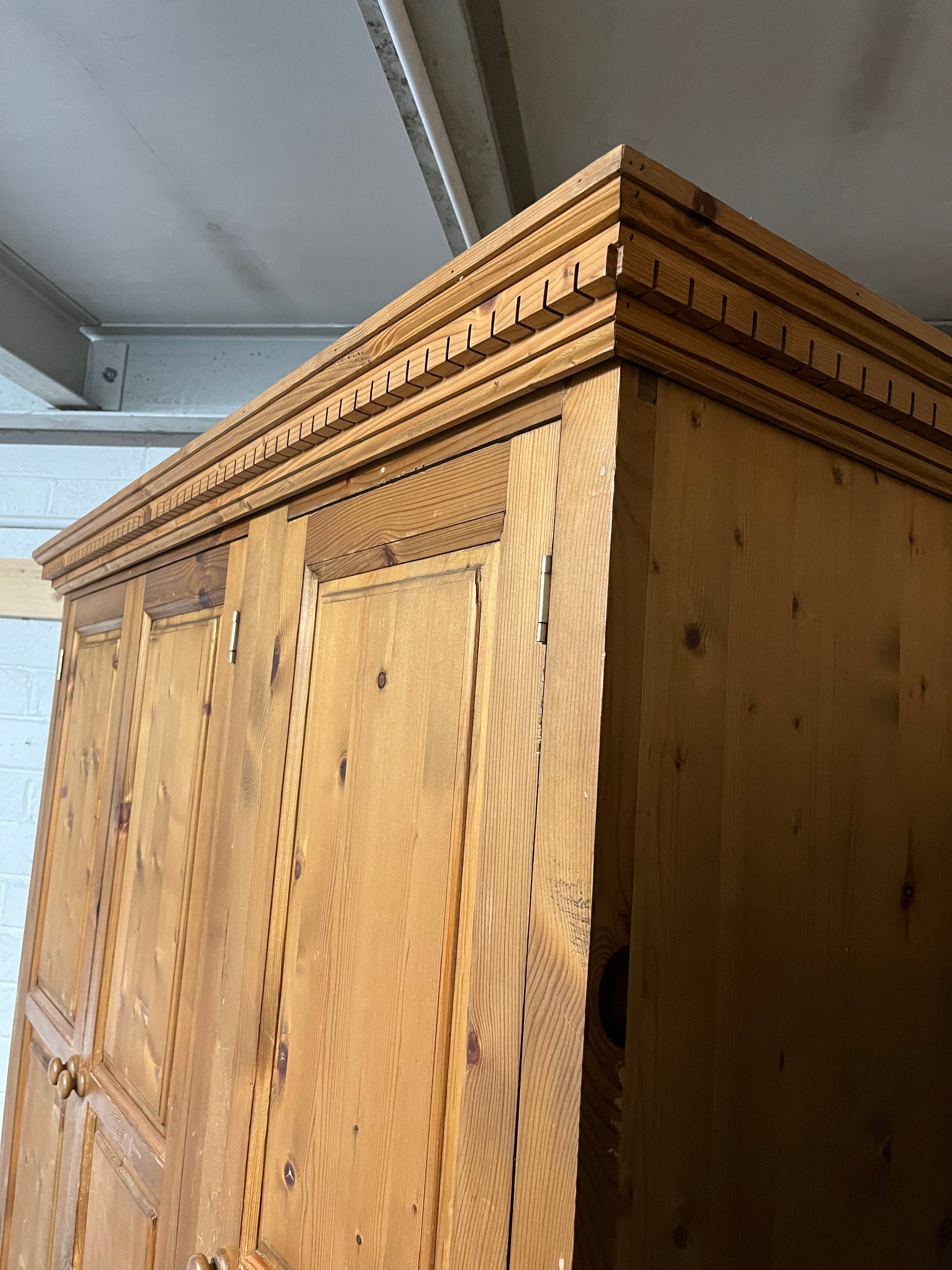Solid tall pitch pine 3 door 4 drawer wardrobe with ornate pelmet (1480Wx2050Hx630D mm) 1225