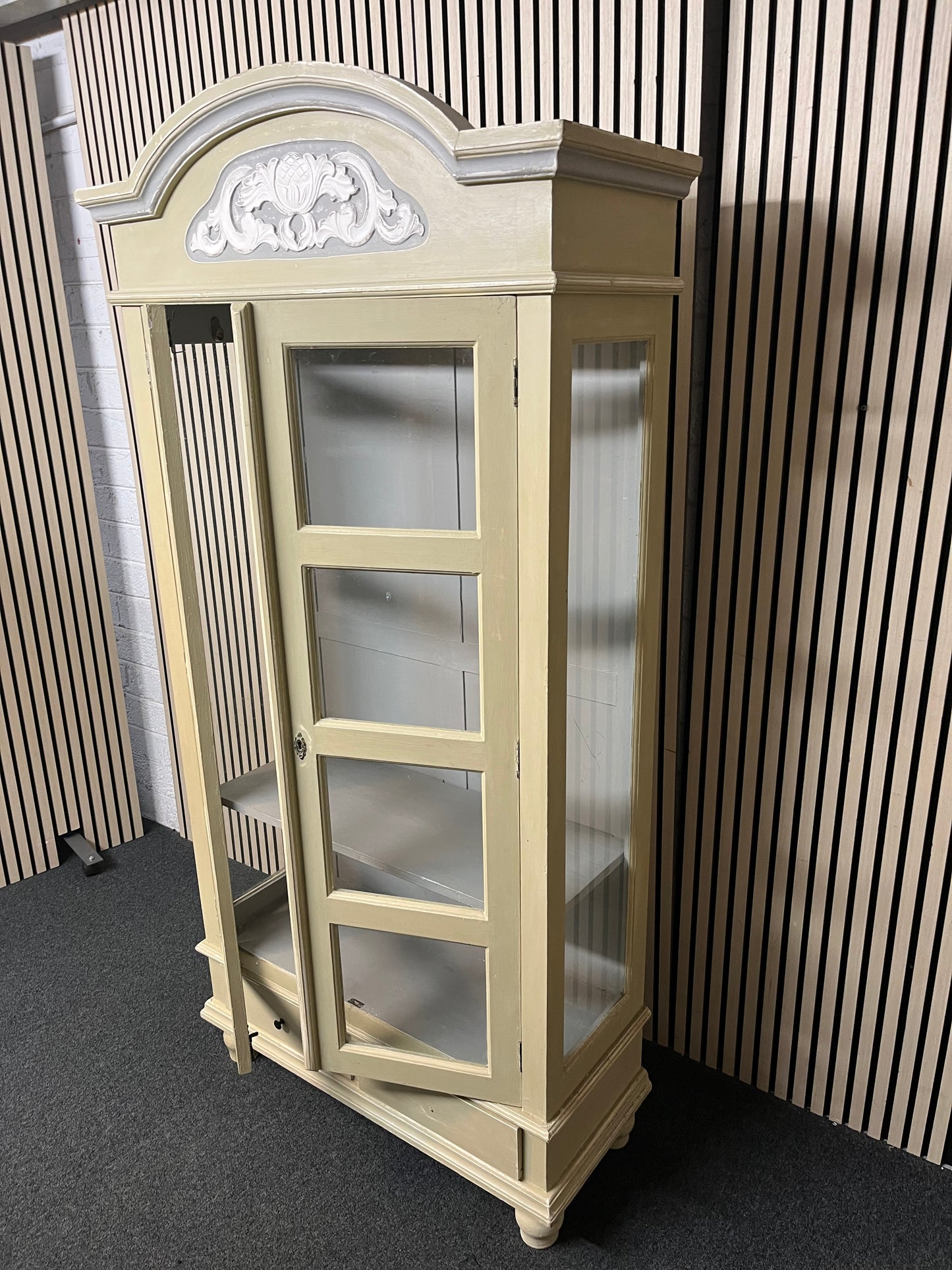Solid wood cream painted glass display unit with 2 base drawers  (H 198 x W 98 x D 41 cm) 2425
