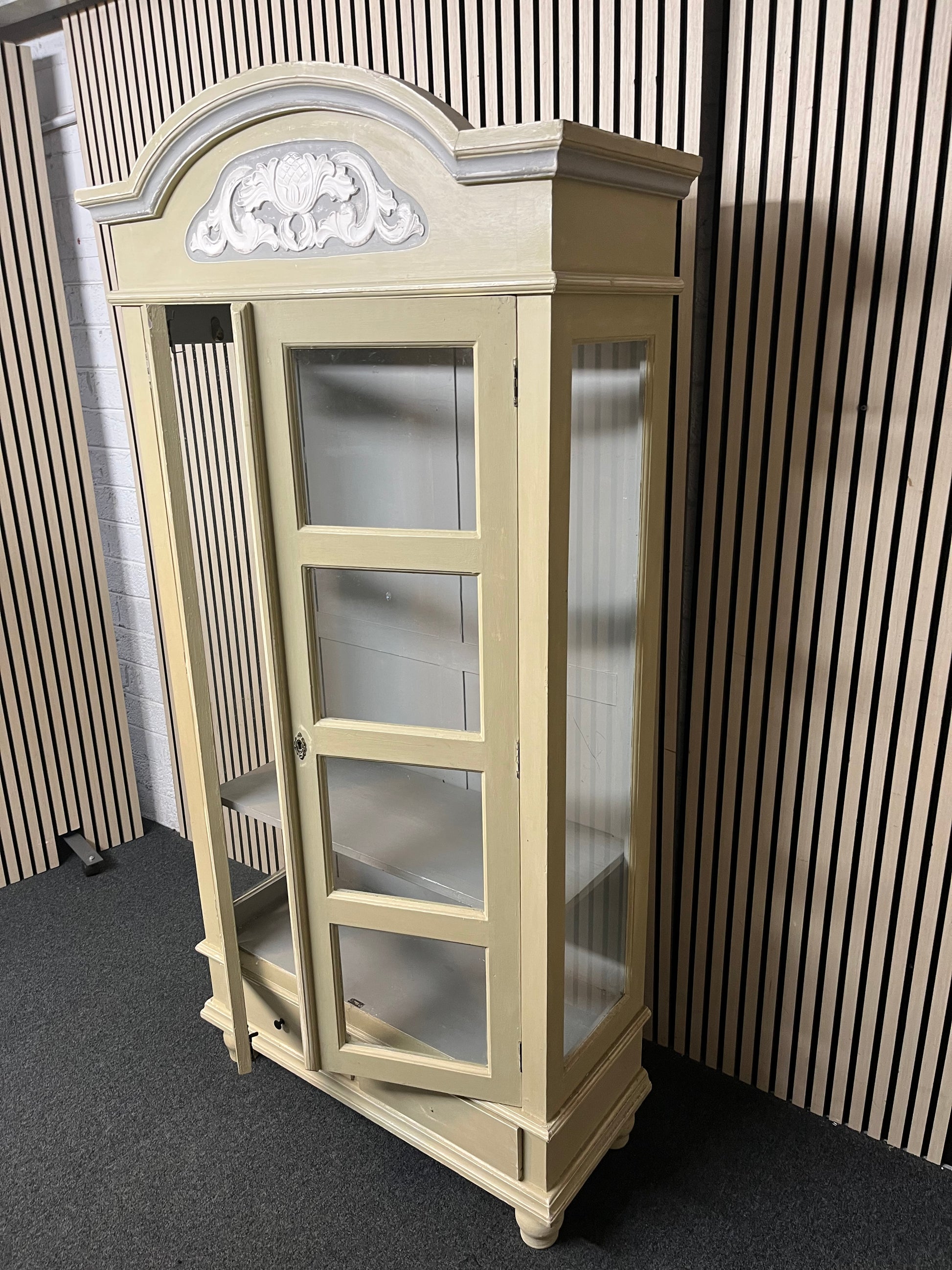 Solid wood cream painted glass display unit with 2 base drawers  (H 198 x W 98 x D 41 cm) 2425