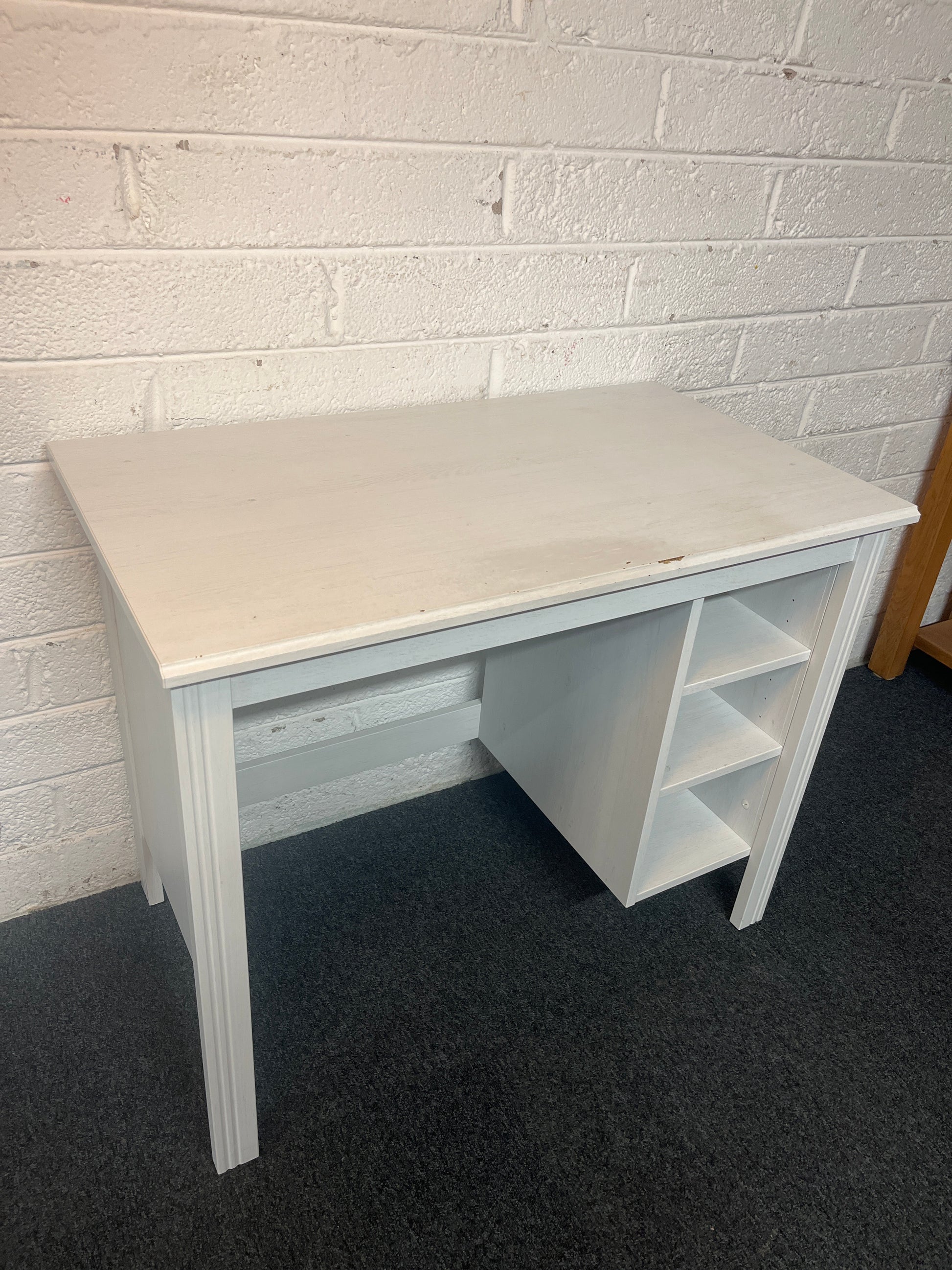 White laminate small straight study desk with fixed shelves 1325