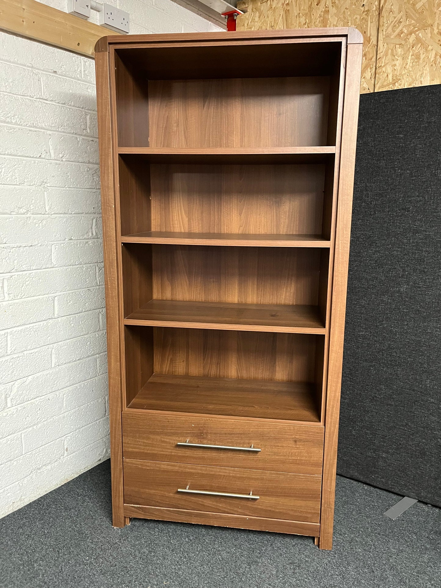 Large walnut display unit with 4 shelves and 2 drawers (H 1910 x W 900 x D 410 mm) 1225