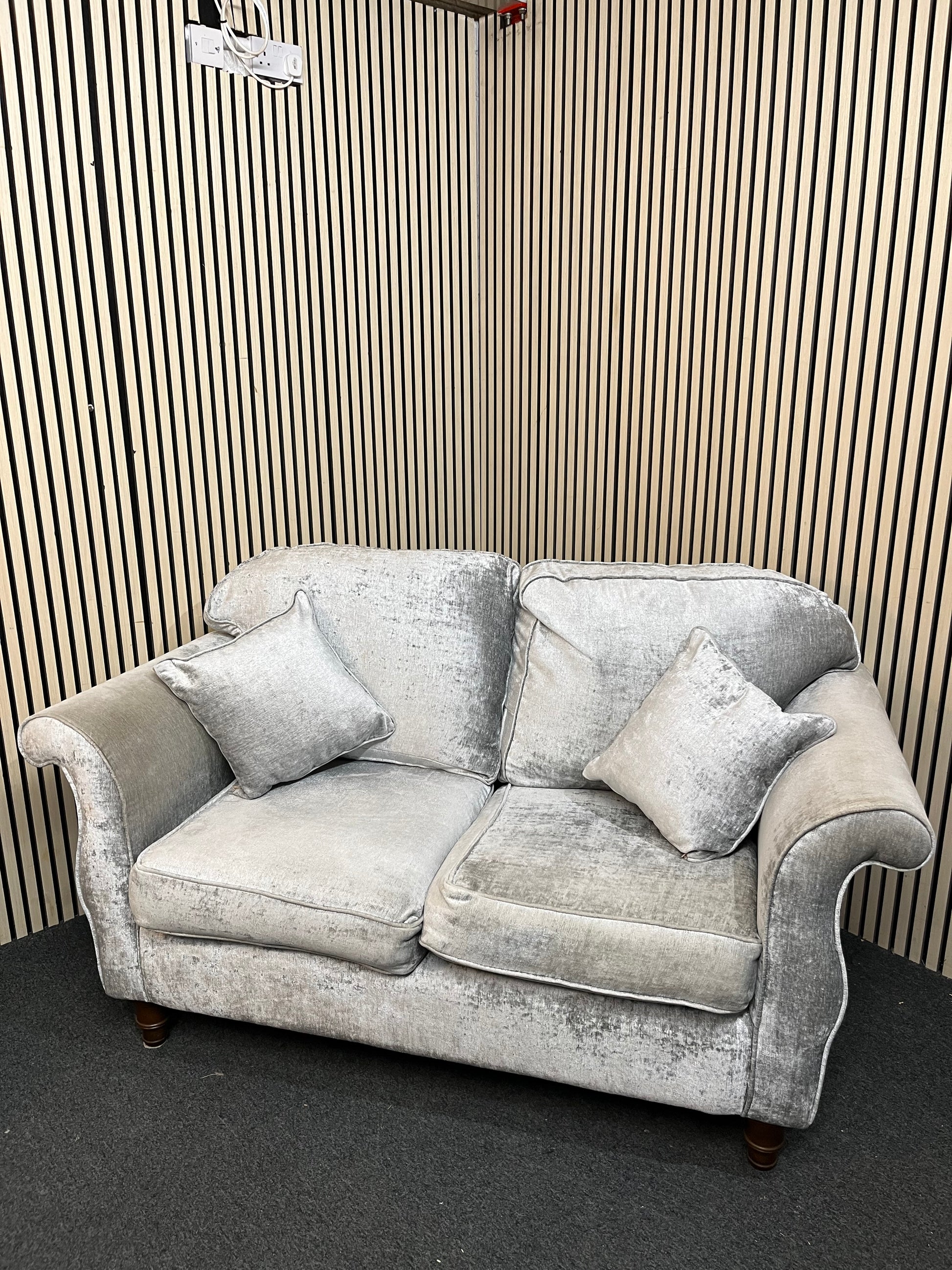 2 seater light grey fabric roll back sofa 3126