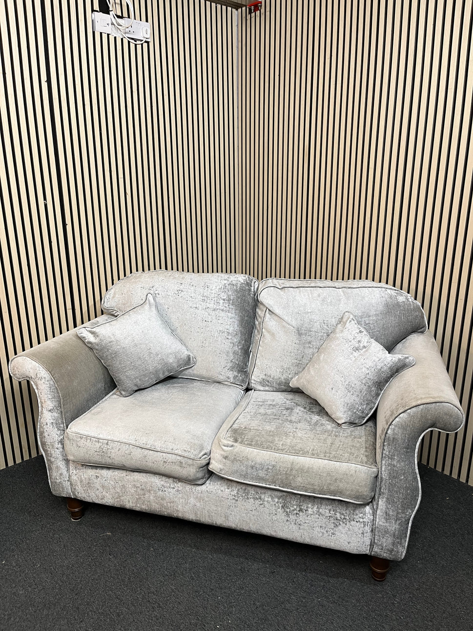 2 seater light grey fabric roll back sofa 3126