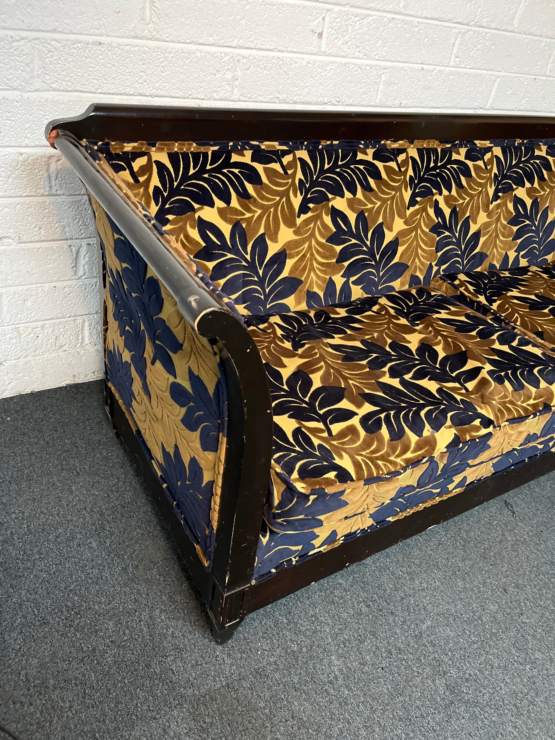 Ornate mahogany framed beige 2 seater sofa navy and brown floral fabric design  1325