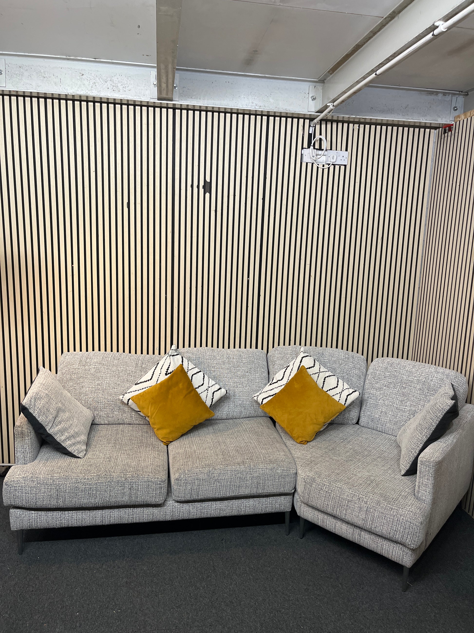 Large curved oatmeal fabric sofa 43392