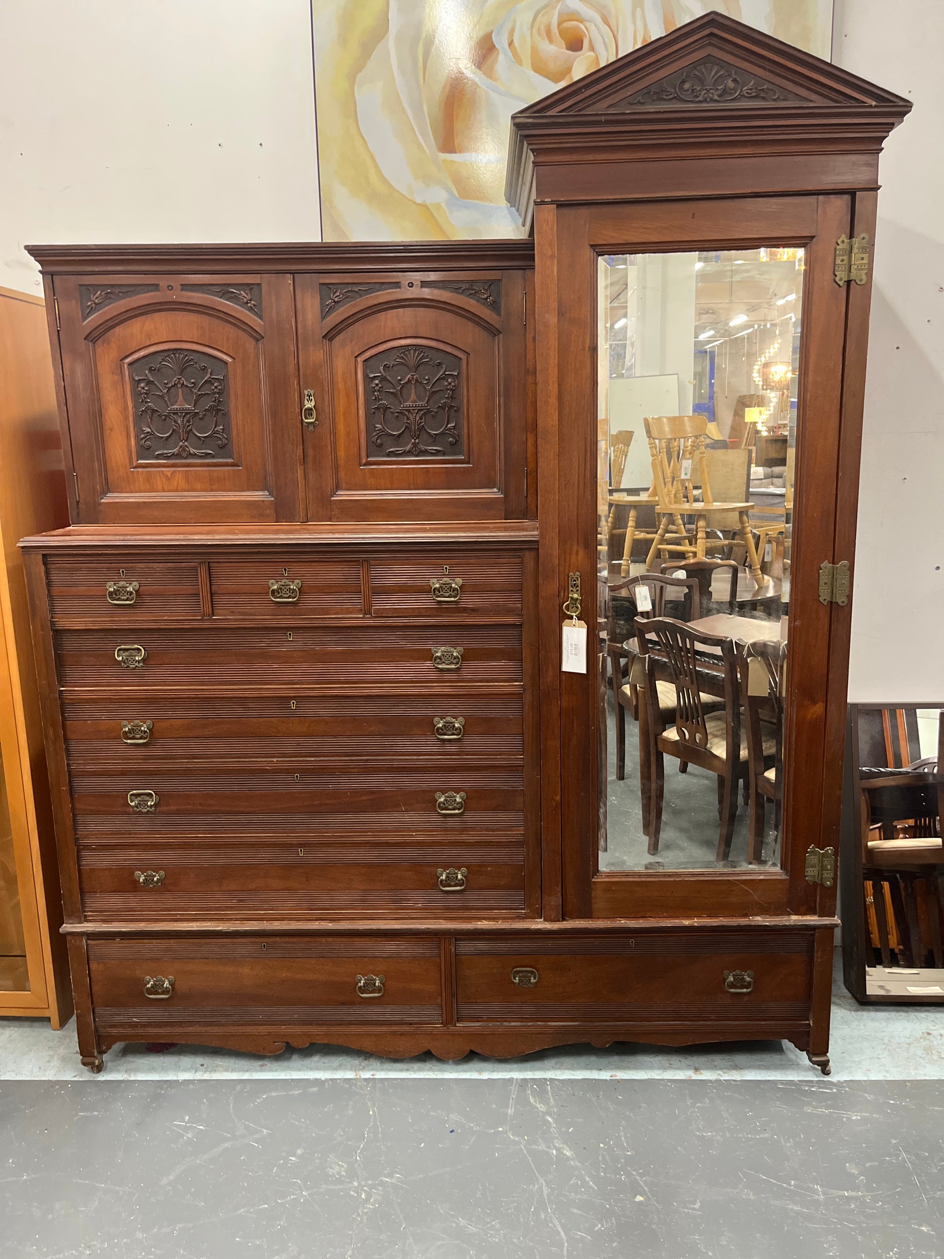 Ornate mahogany 9 drawer 2 door 1 glass door priest wardrobe (H 234 x W 192 x D 61 cm) 1325